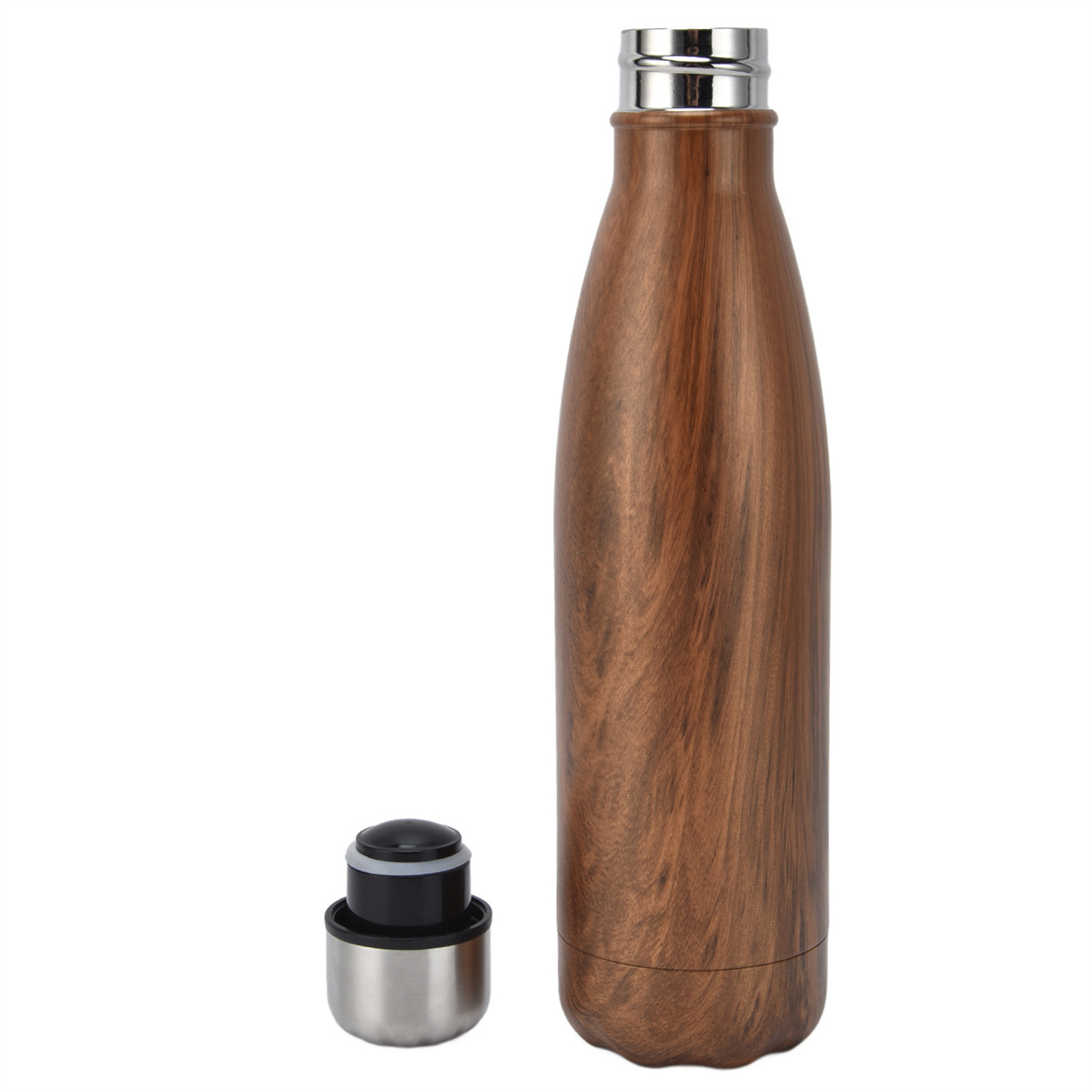 Isolierte Wasserflasche in Holzoptik mit danebenliegendem Deckel.