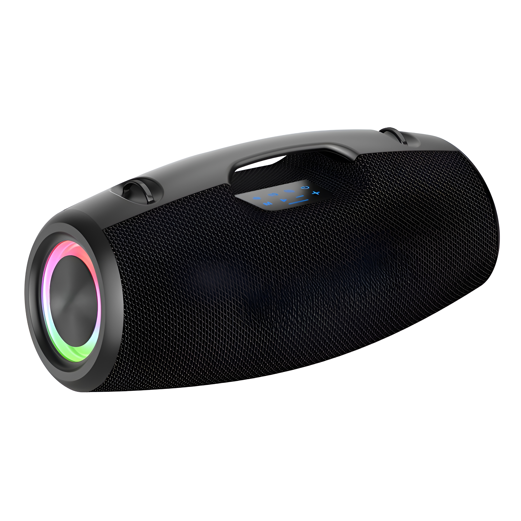 Schwarzer Lautsprecher mit bunten LED-Leuchten. Mit Griff, Tasten und Mesh-Abdeckung.