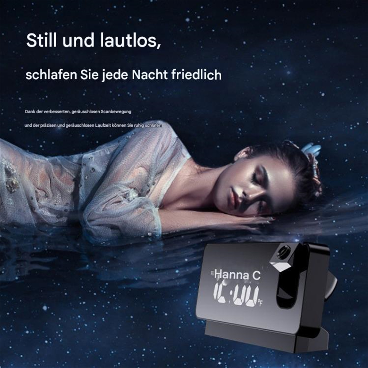 Frau liegt im Wasser neben einer Digitaluhr. Text auf Deutsch.