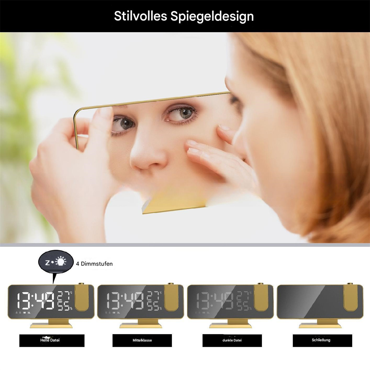 Eine Frau, die in einen Spiegel schaut, mit einer Digitaluhr, die verschiedene Anzeigeeinstellungen zeigt.