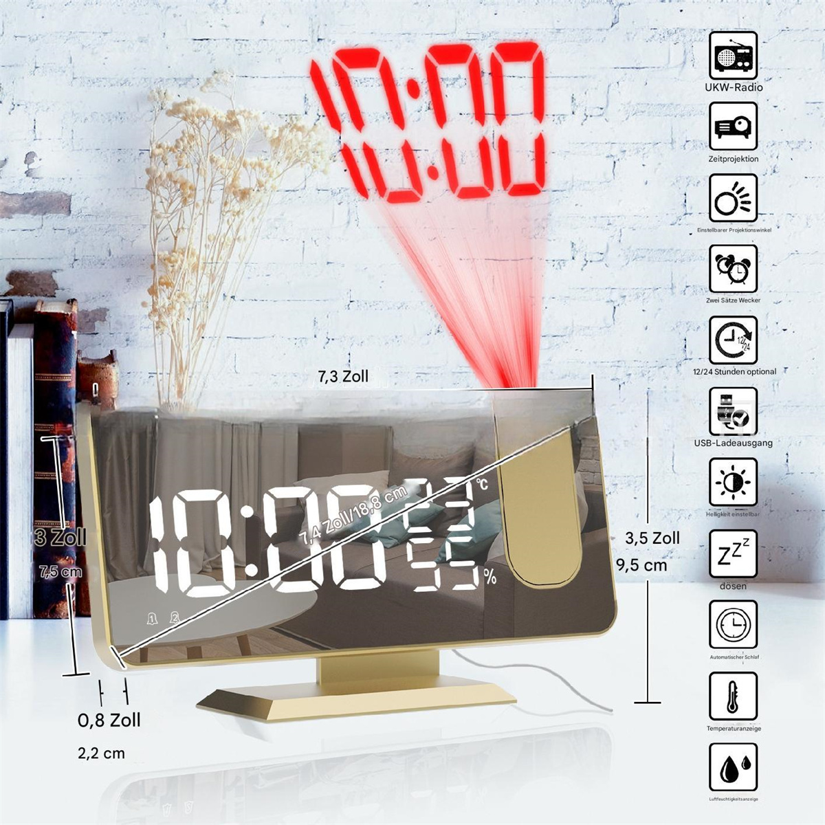 Eine Digitaluhr mit roter Projektion, die die Zeit 10:00 und andere Daten anzeigt.