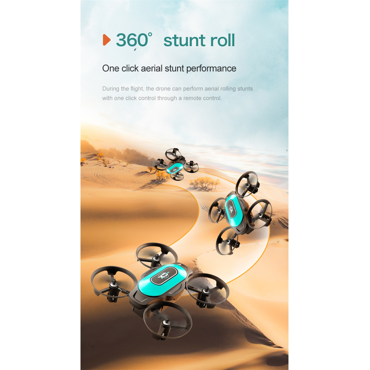 Mehrere Drohnen fliegen über eine Wüstenlandschaft. Der Text lautet: 360° Stuntrolle. Leistung von Luftstunts mit einem Klick.