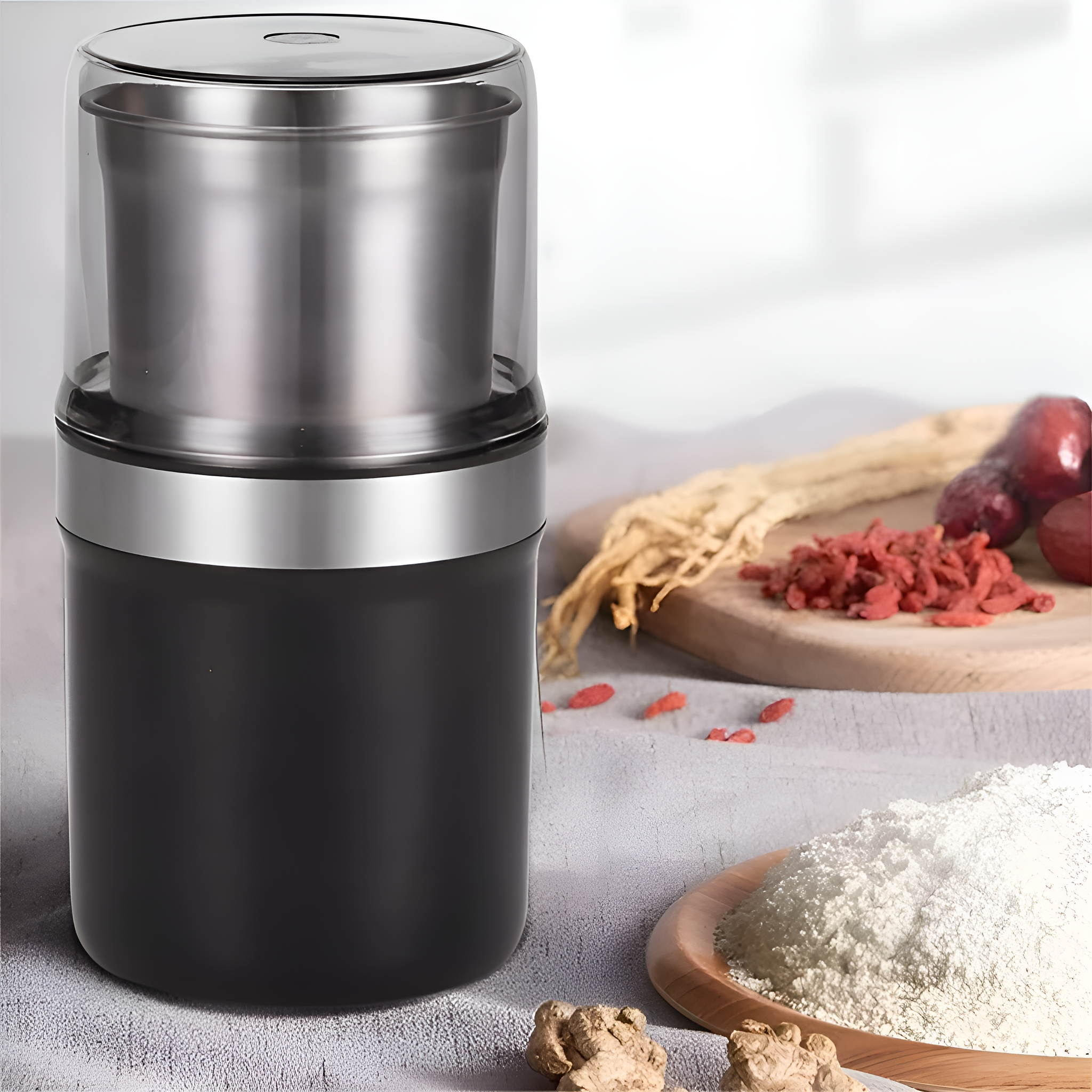Ein schwarzer und silberner Mixer mit Zutaten auf einem Holzbrett und einer Oberfläche. Weißer Hintergrund.