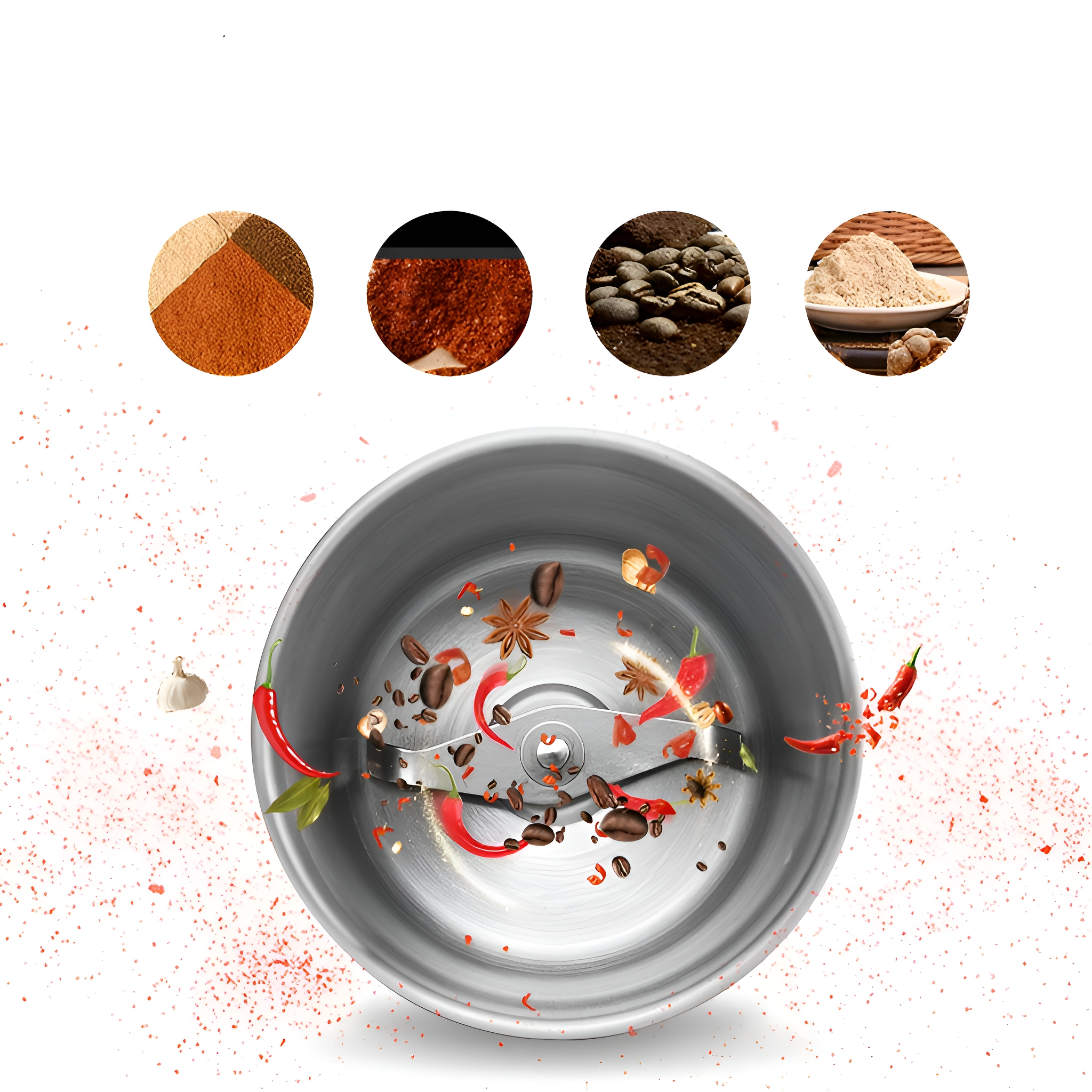 Silberner Grinder mit rotem Chili und Gewürzen. Vier Zutatenkreise. Weißer Hintergrund. Mahlwerk-Klingen sichtbar.