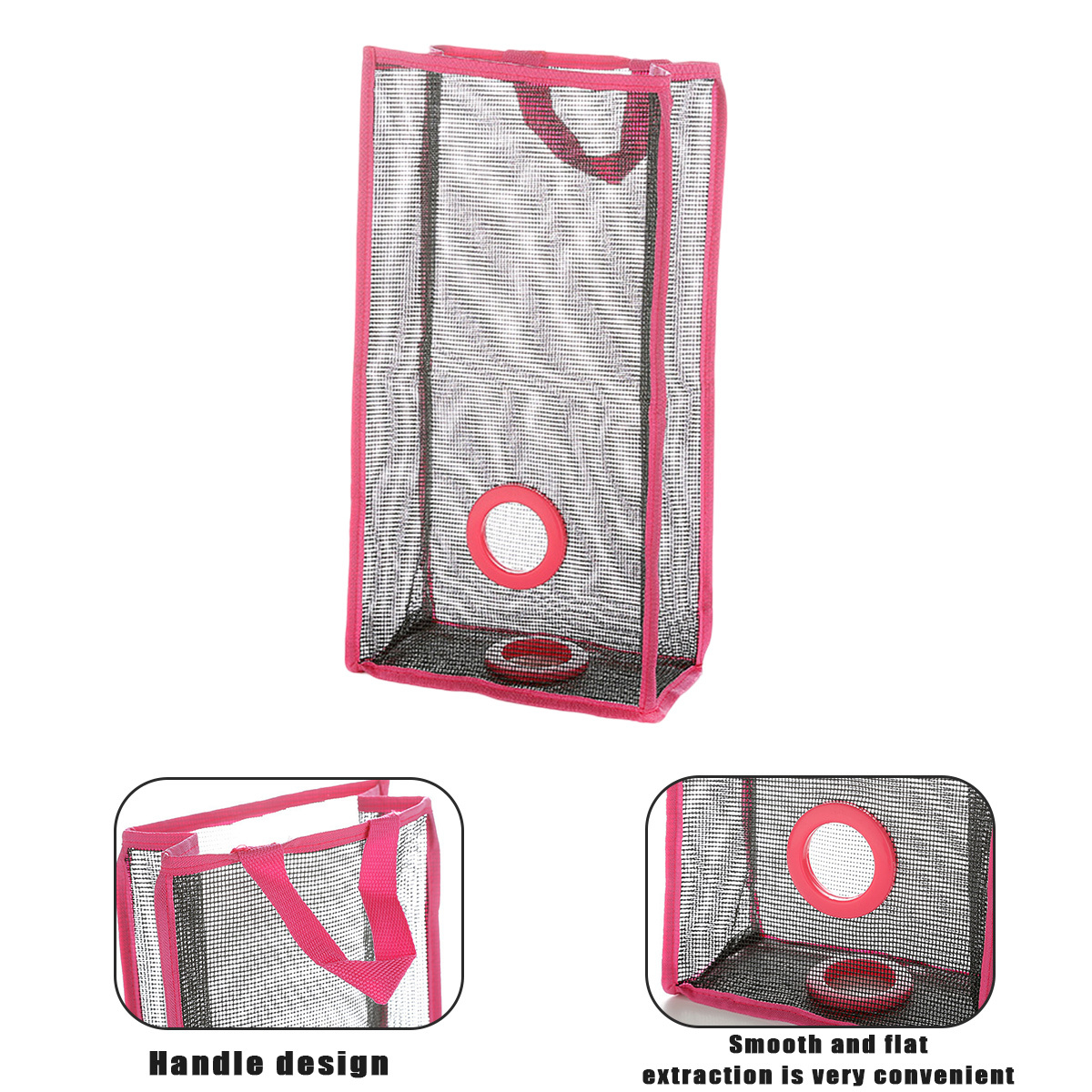 Eine Netztasche mit rosa Rahmen und Griff. Auf der Vorderseite befindet sich ein roter Kreis.