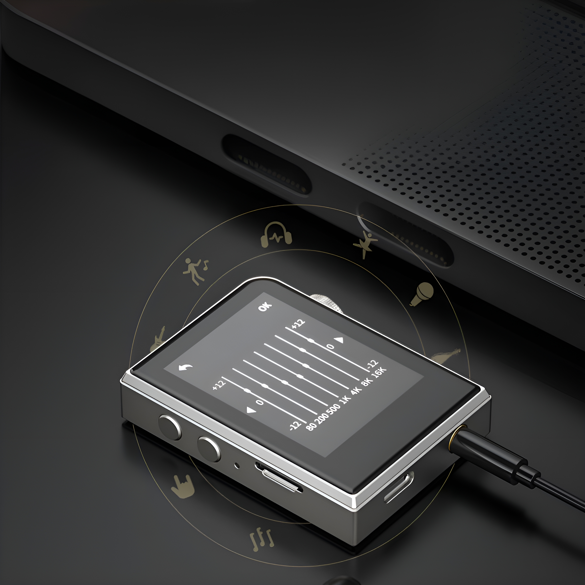 Ein silberner MP3-Player mit schwarzem Bildschirm, der einen Equalizer anzeigt. Ein schwarzer Kopfhörer ist eingesteckt.