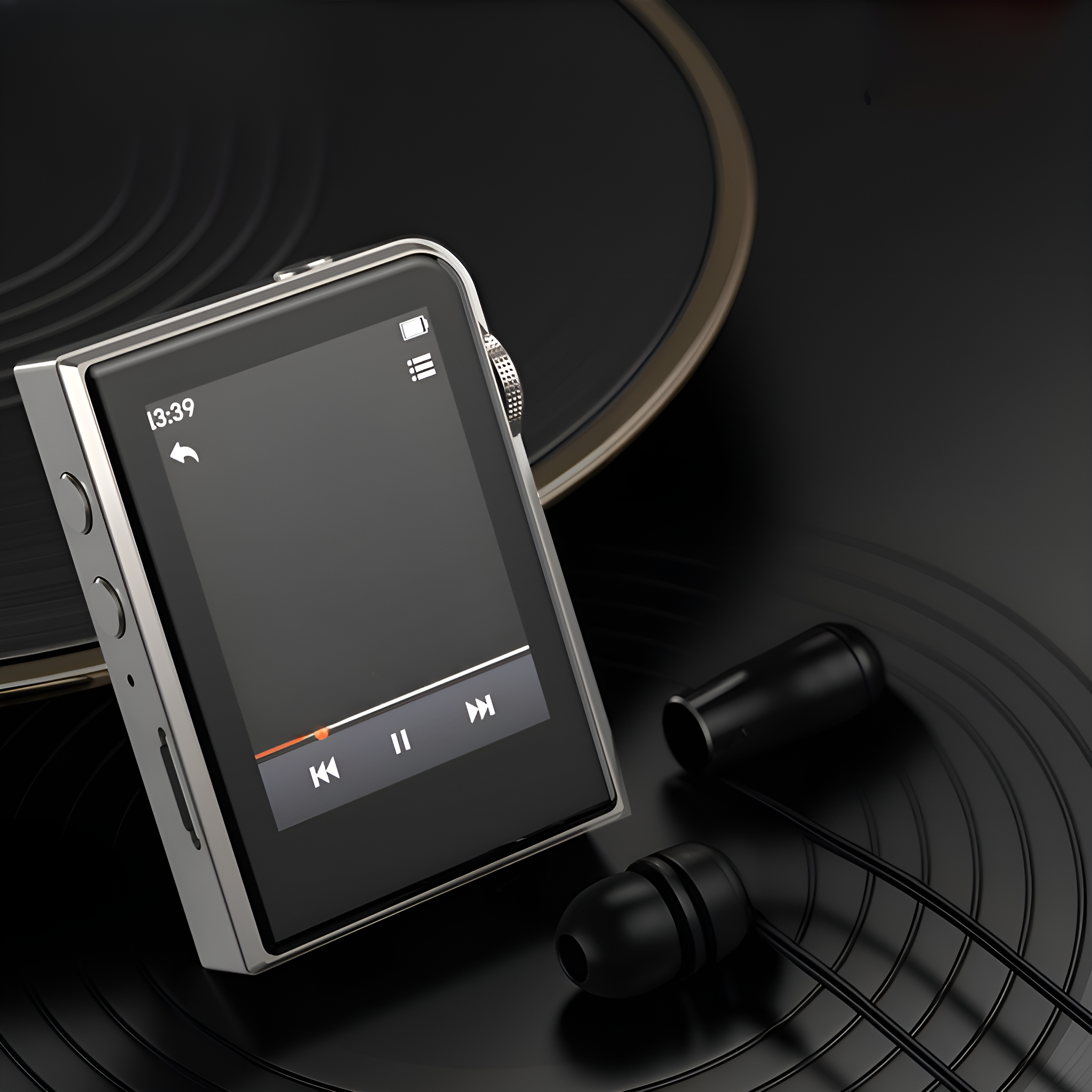 Ein silberner MP3-Player mit schwarzem Bildschirm und schwarzen Ohrhörern auf einer Schallplatte.