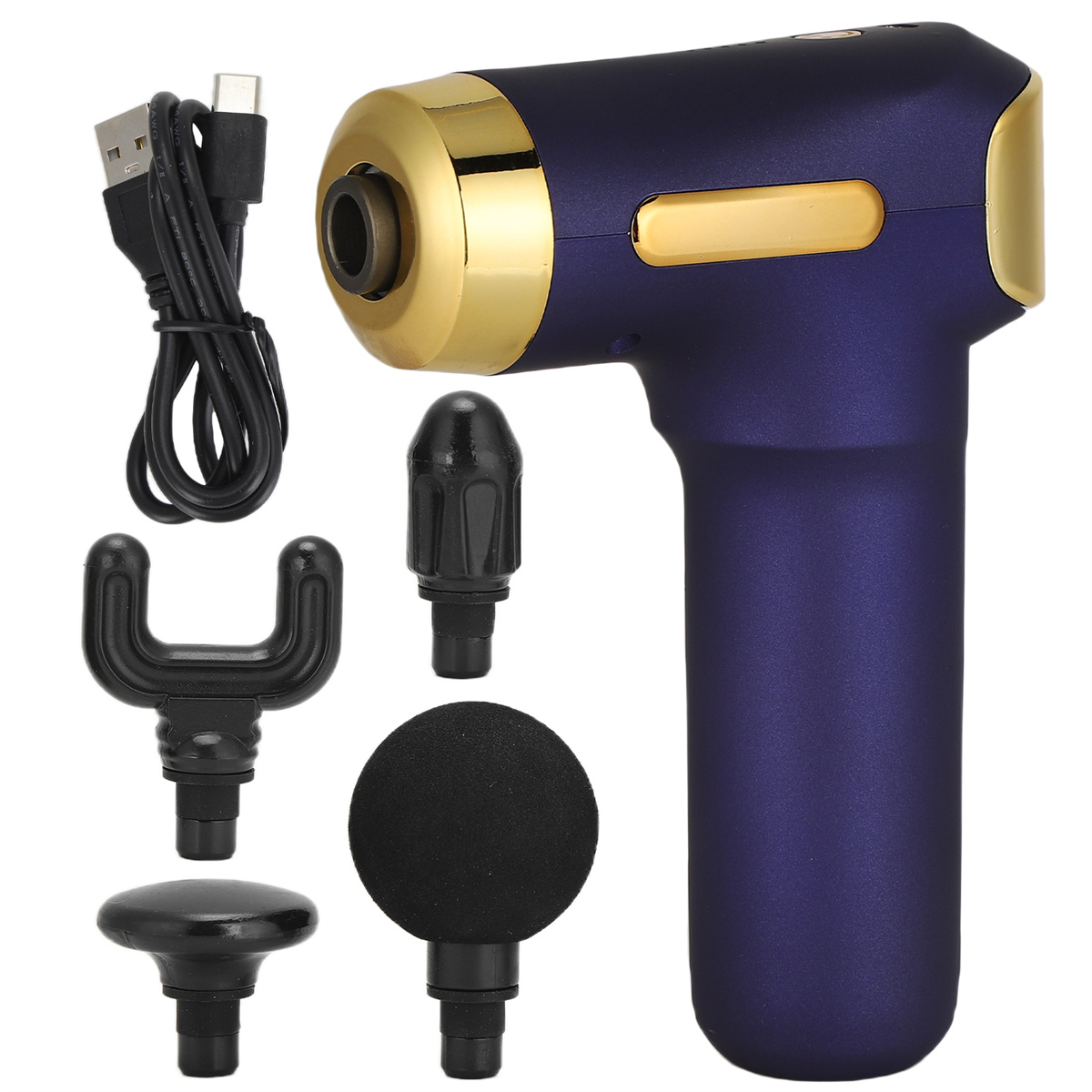 Eine blaue und goldene Massagepistole mit verschiedenen Aufsätzen und einem USB-Kabel.
