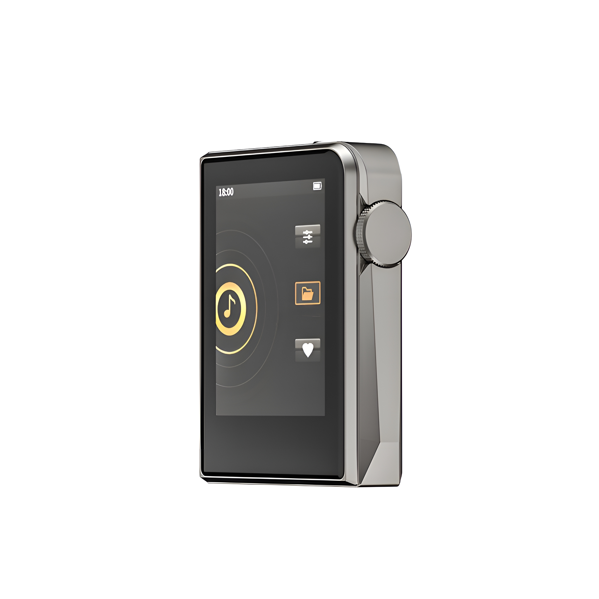 Silberner MP3-Player. Schwarzer Bildschirm zeigt Zeit und Symbole. Silberner Drehregler an der Seite.