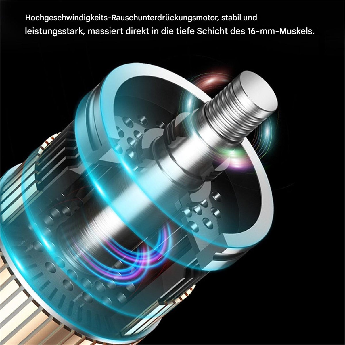 Metallischer Motorteil mit blauen und roten Lichteffekten. Text auf Deutsch. Schwarzer Hintergrund.