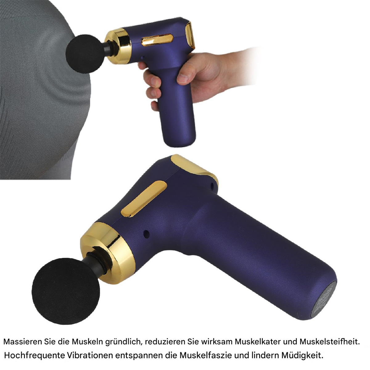 Zwei Ansichten einer blau-goldenen Massagepistole. Eine zeigt die Anwendung am Rücken, die andere das Gerät.