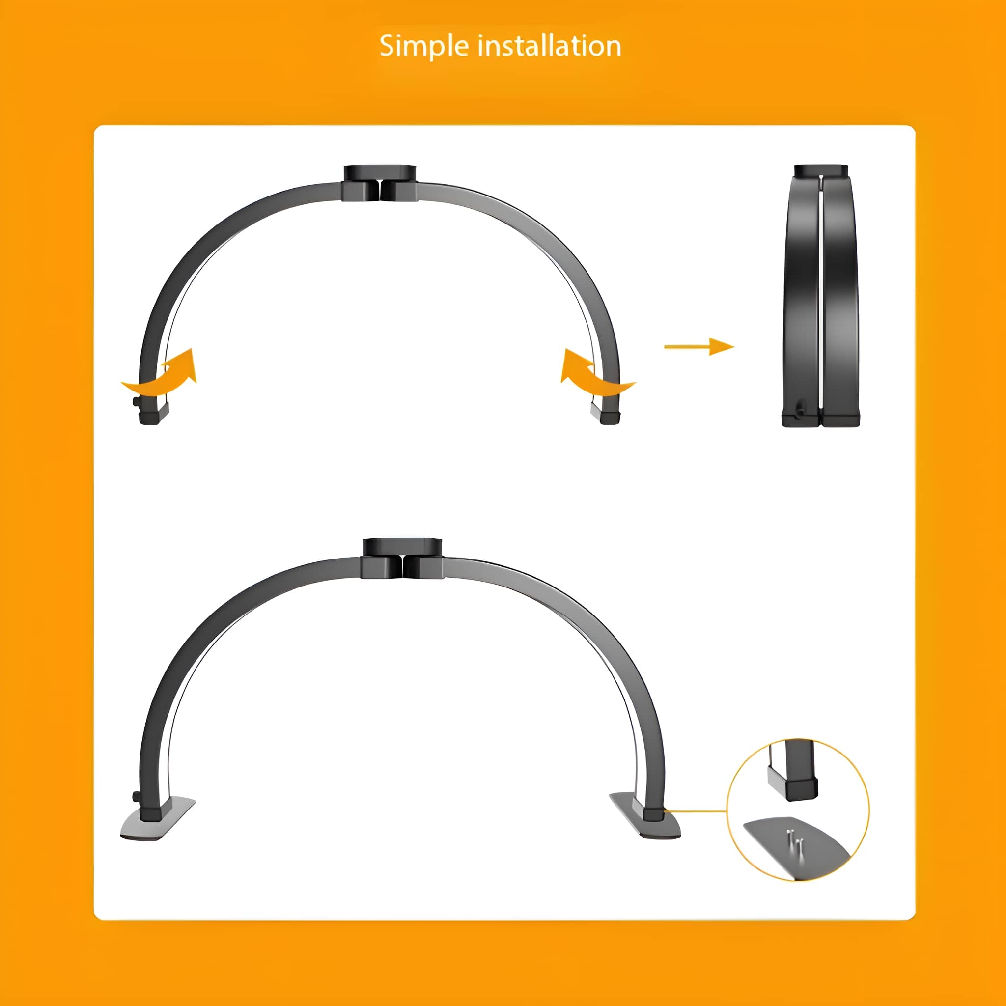 Diagramm von zwei bogenförmigen Leuchten, das die Installationsschritte mit orangefarbenem Hintergrund zeigt.