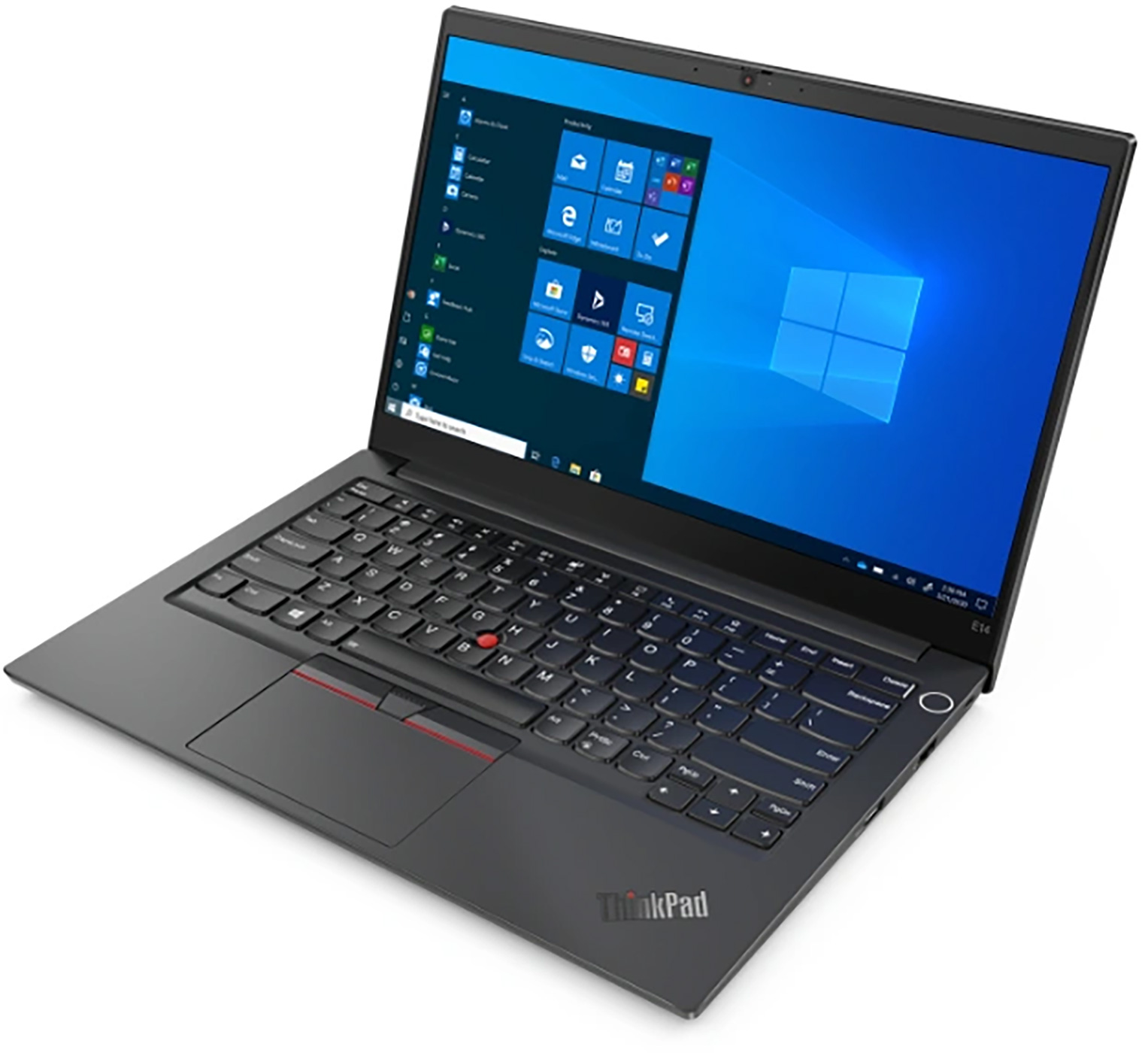 A black laptop is open on a table. The screen shows a Windows desktop with several app icons.