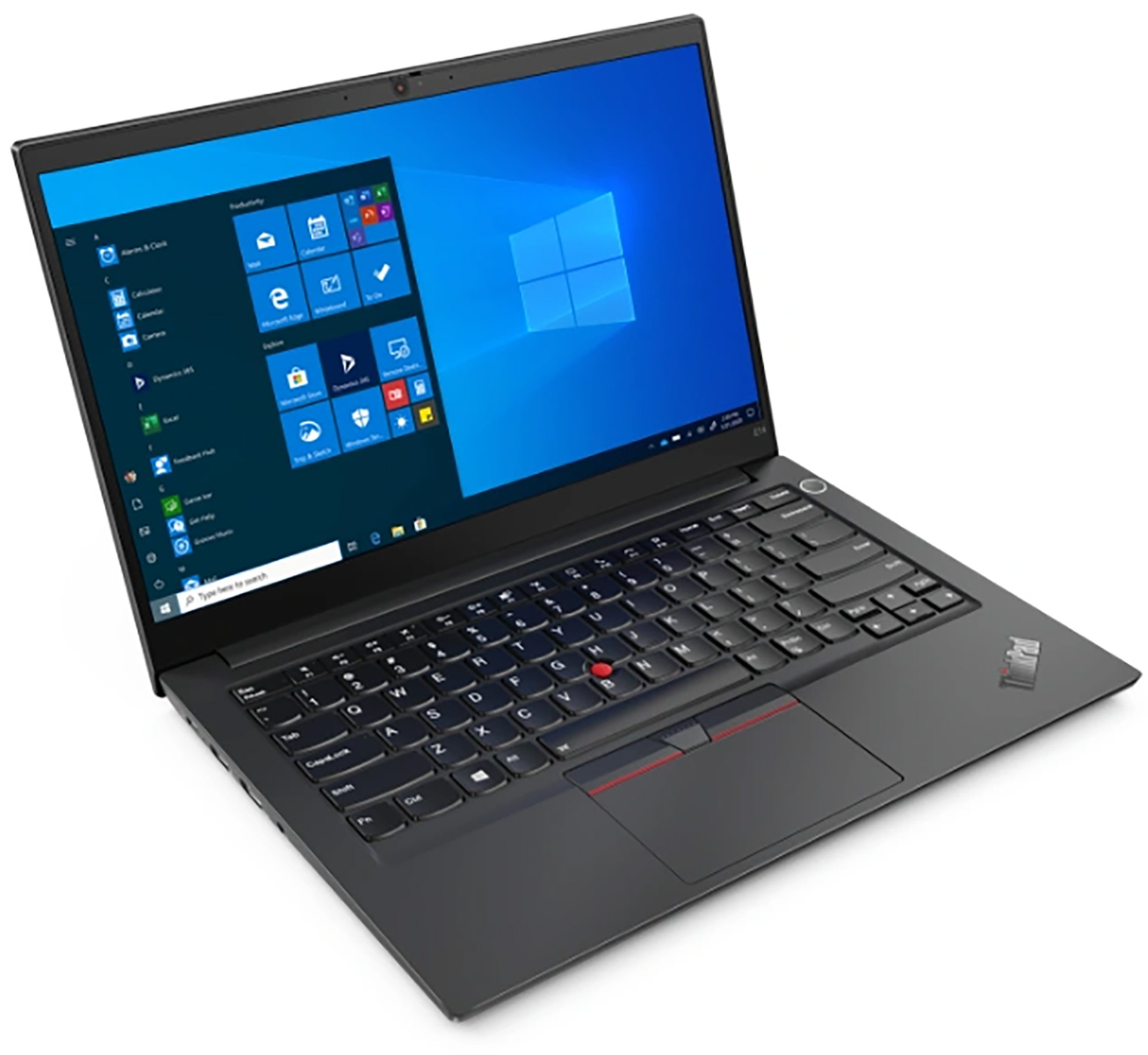 Laptop computer, open. Black color, with a screen displaying a Windows desktop. The keyboard is visible.