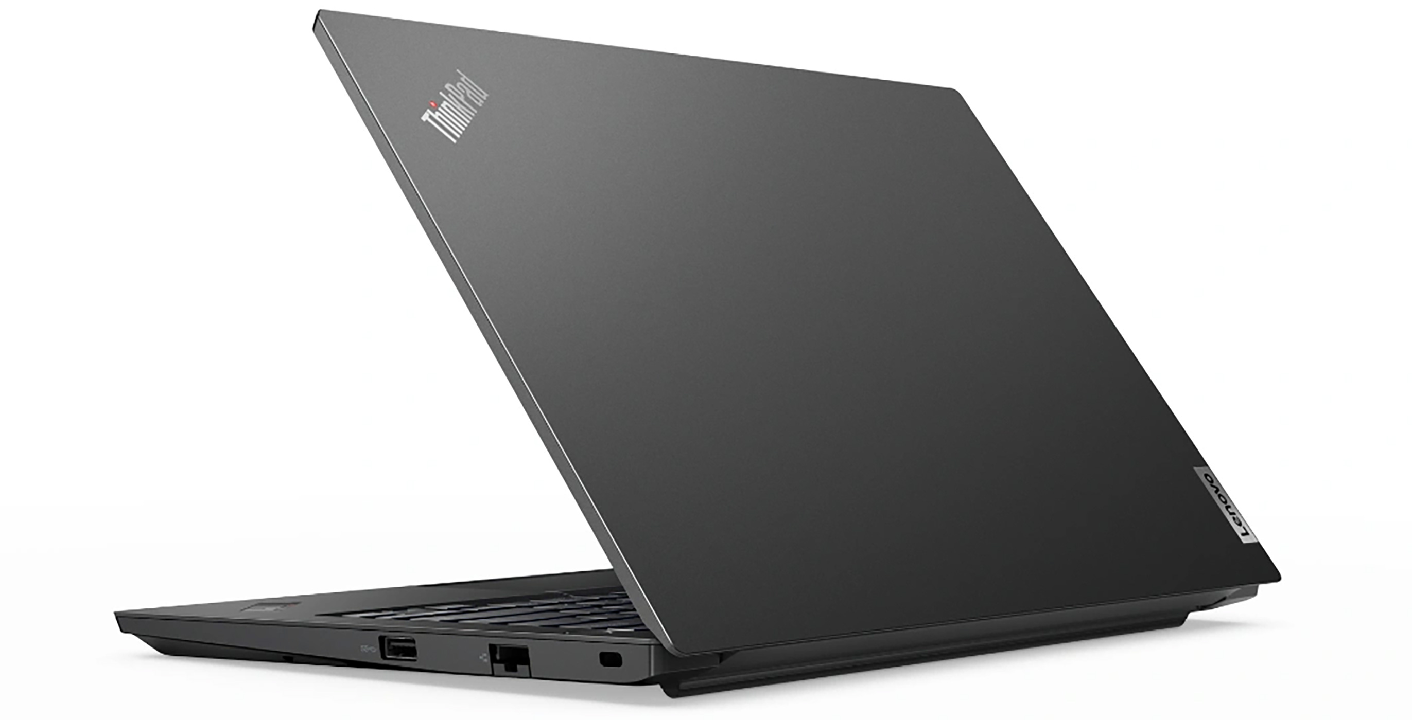 Black laptop with open screen, Lenovo and ThinkPad logo, white background.