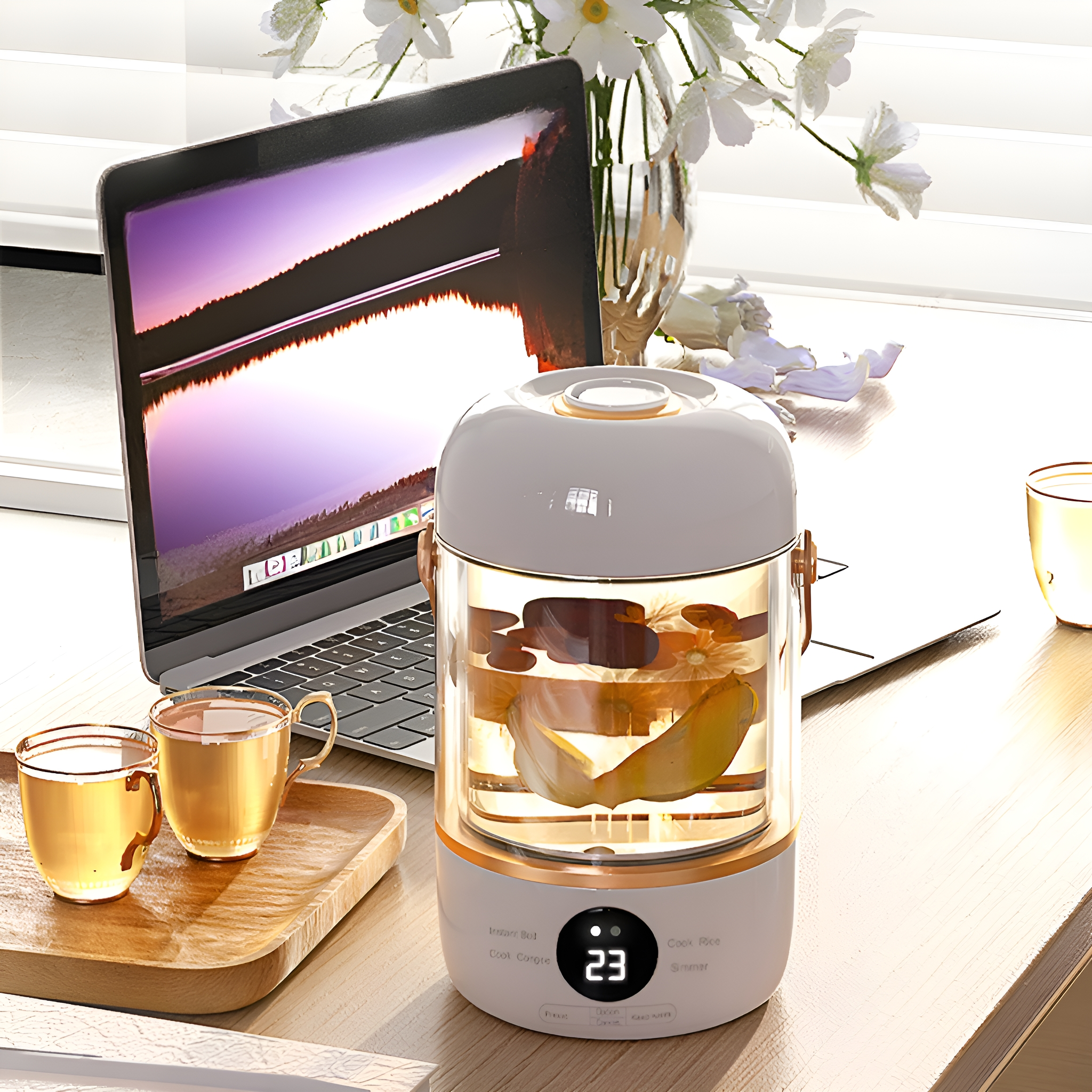 Ein Glas- und Gold-Teebereiter mit Laptop, zwei Tassen und einem Holztablett.