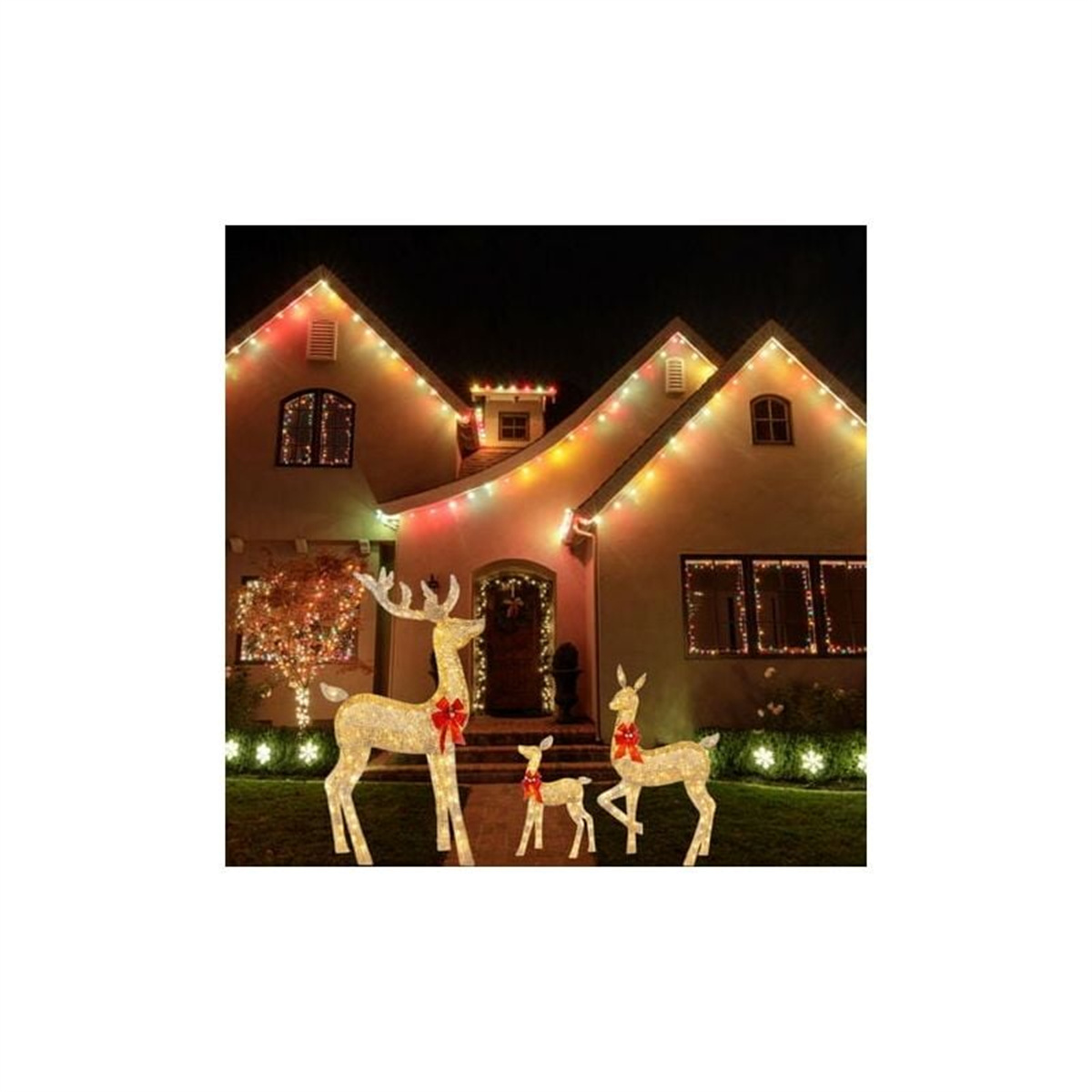 Ein dekoriertes Haus bei Nacht mit Weihnachtsbeleuchtung und Rentierdekorationen.