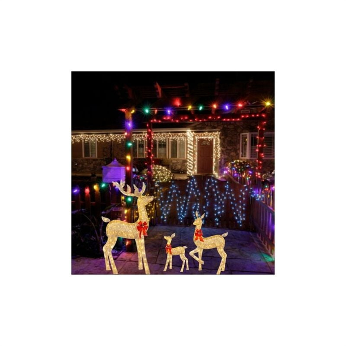 Beleuchtete Weihnachtsszene: Rentierfiguren, Lichterketten, bei Nacht.