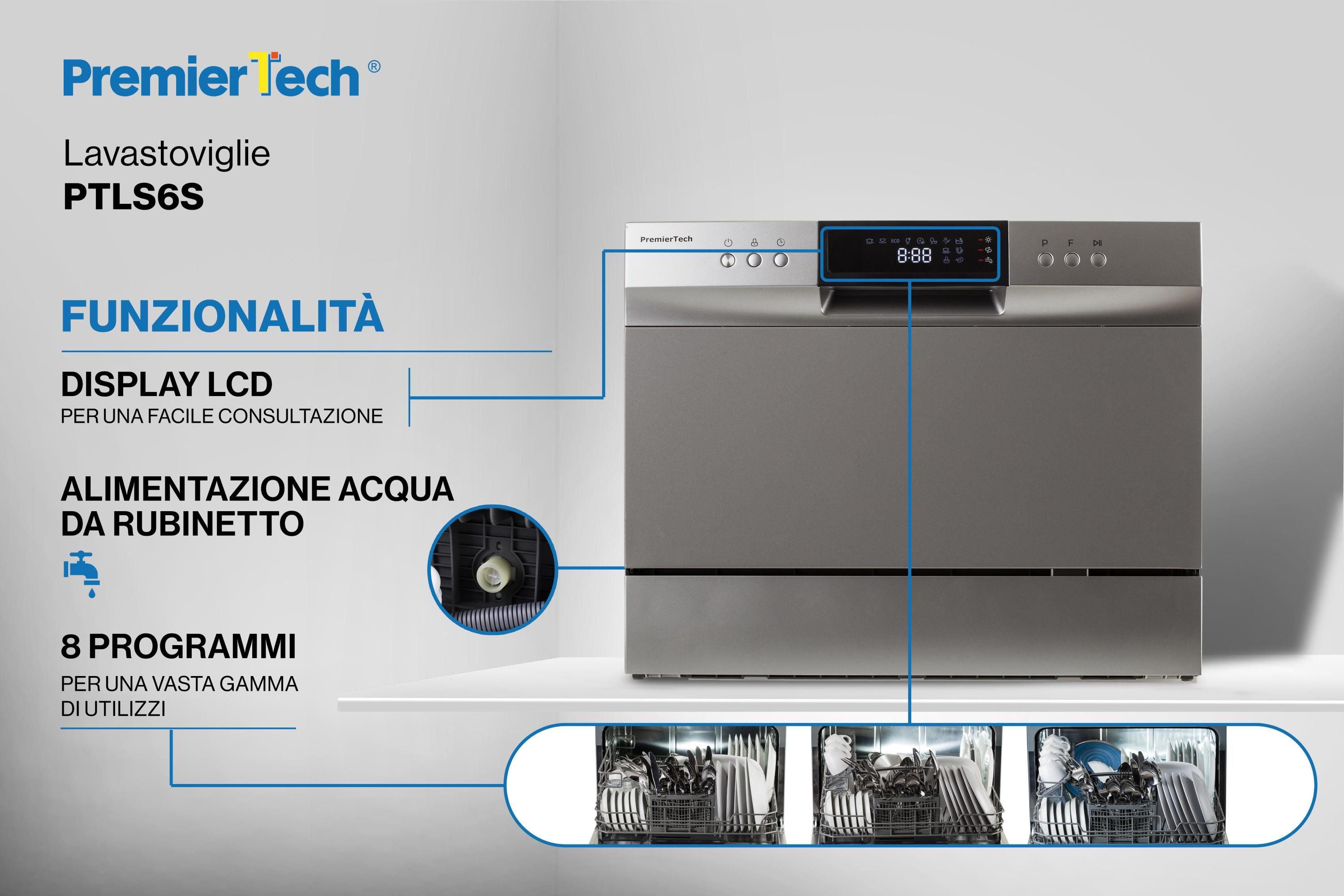 Un pannello di controllo della lavastoviglie con display e descrizioni delle funzioni in italiano. Mostra 8 programmi.