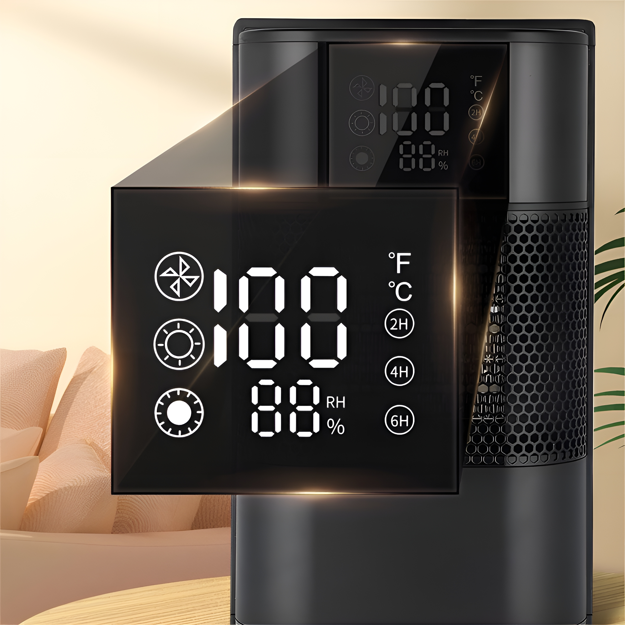 Schwarzer Luftreiniger mit Digitalanzeige, die Temperatur, Luftfeuchtigkeit und Timer zeigt.