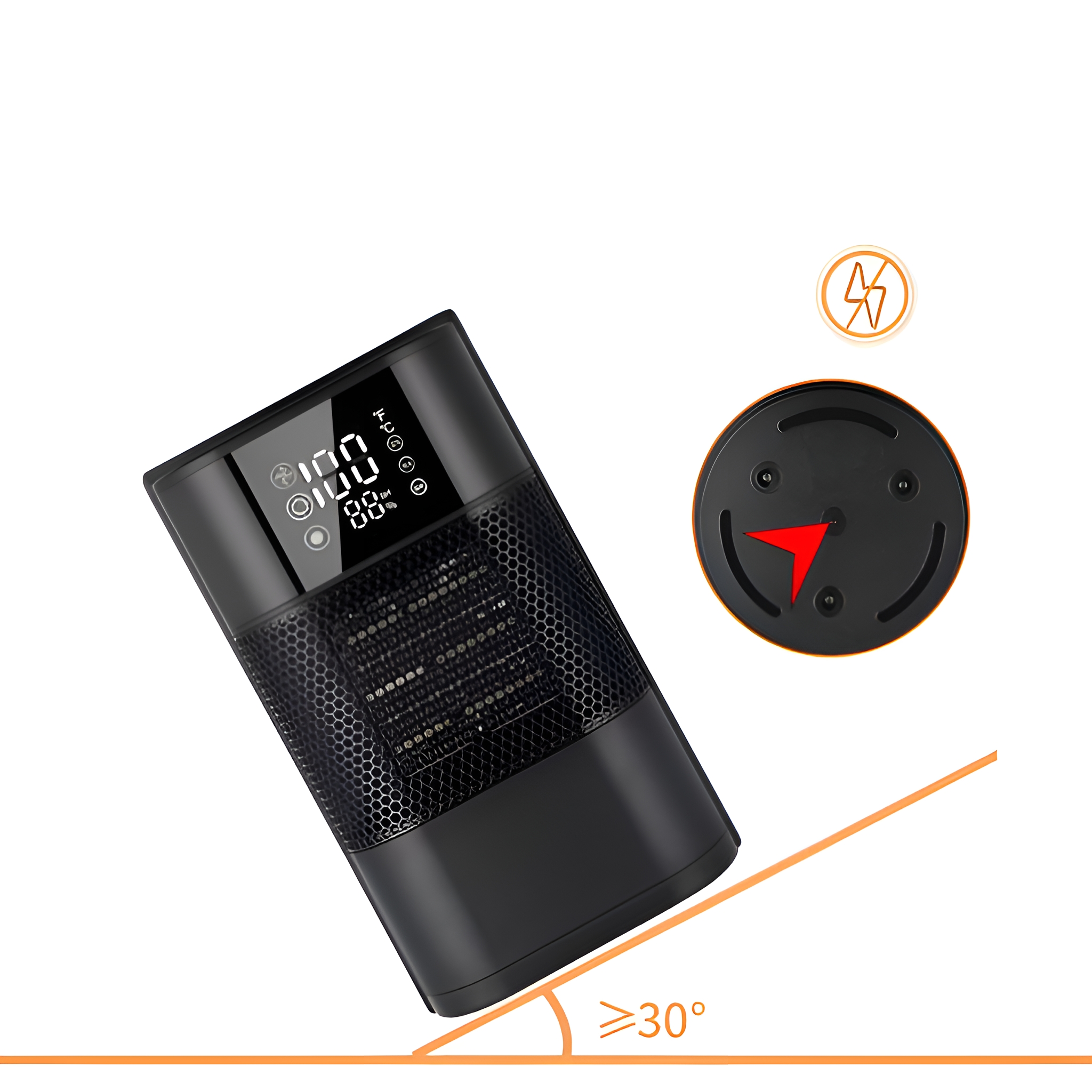 Ein schwarz-grauer Heizlüfter mit Display. Der Heizlüfter steht schräg mit orangenen Linien.