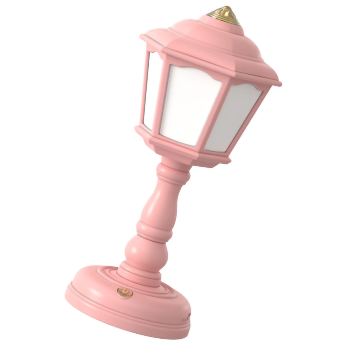 Rosa Tischlampe mit weißem Schirm. Die Lampe ist angewinkelt, isoliert auf weißem Hintergrund.