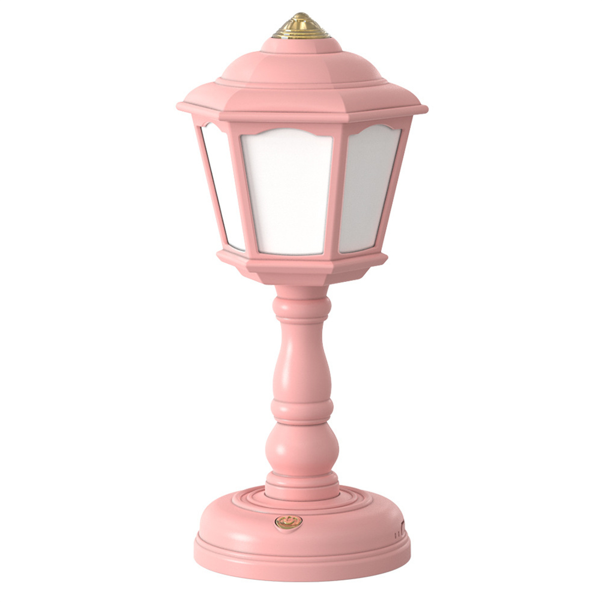 Eine rosa Außenlampe mit weißem Licht auf weißem Hintergrund.