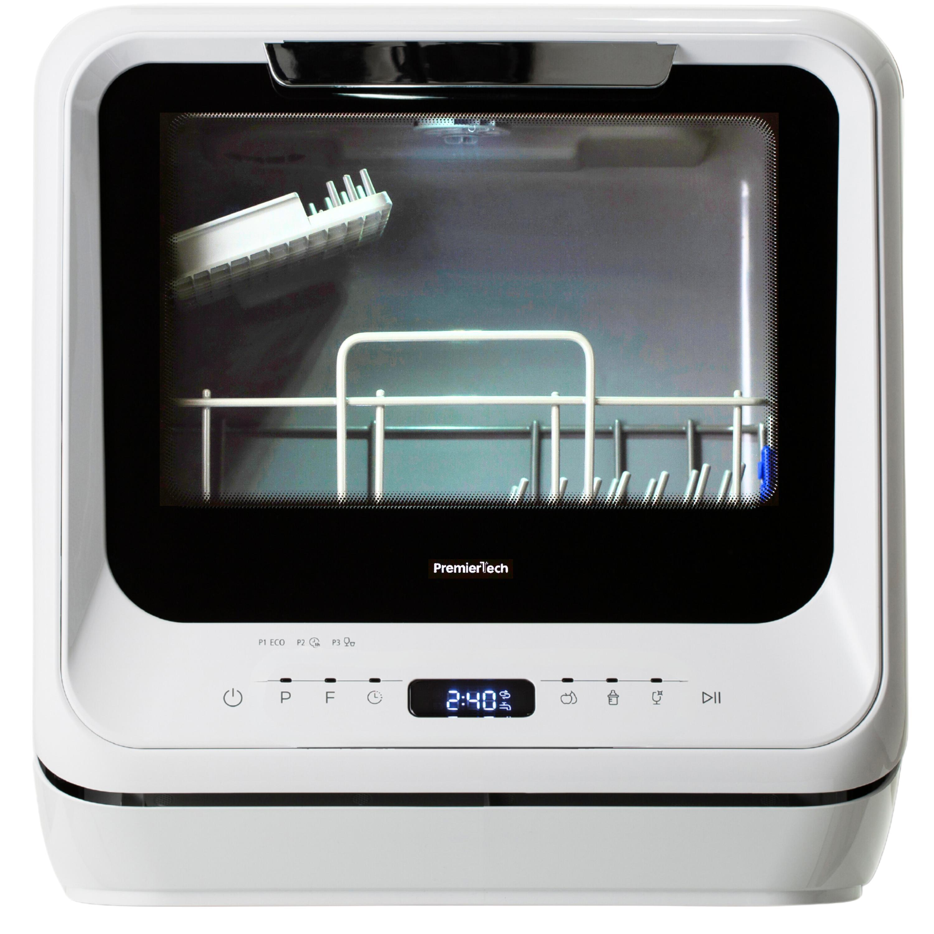 Lavastoviglie Premiertech bianca. Il display mostra 2:40. L'interno ha rastrelliere e un vassoio.