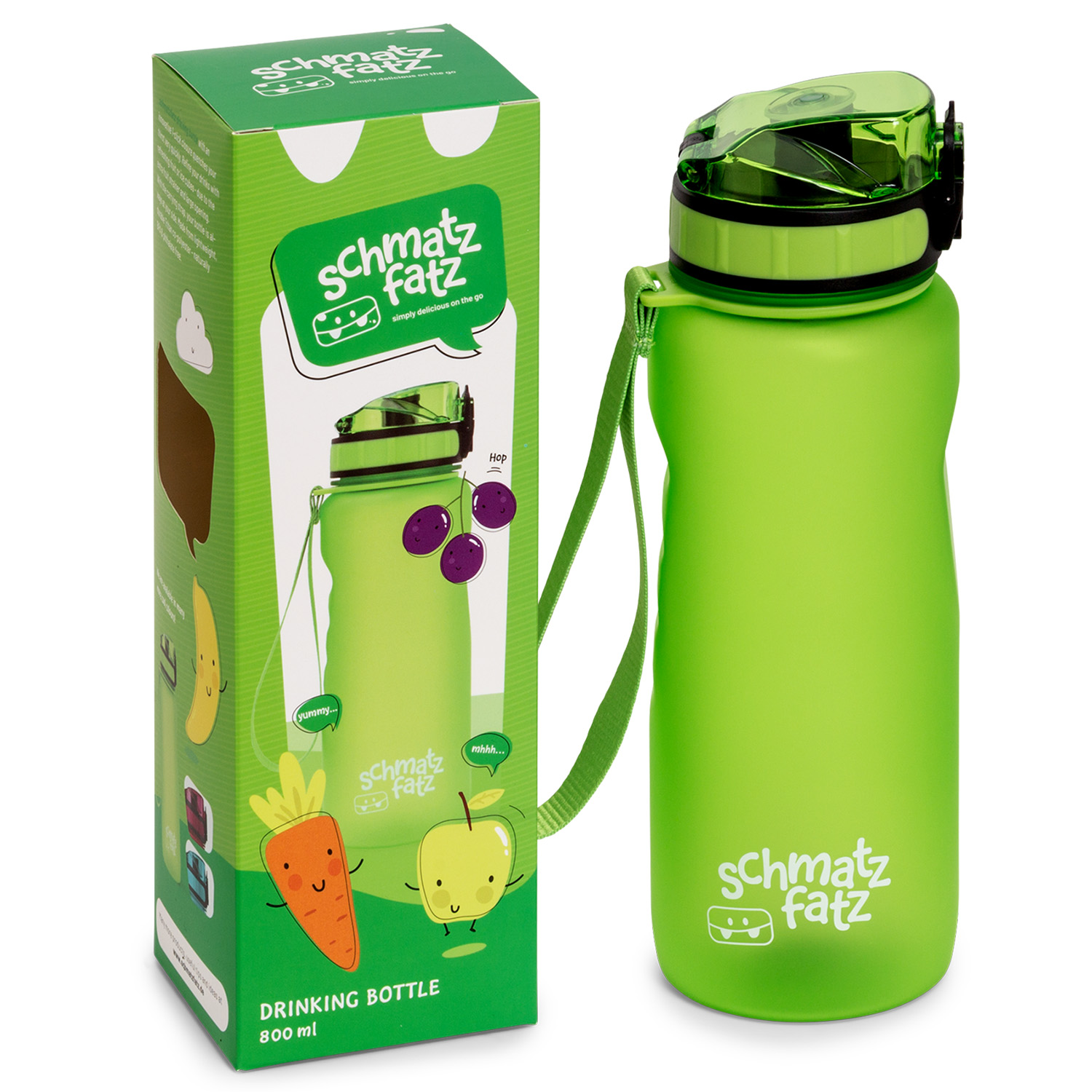 Grüne Wasserflasche mit grünem Deckel und Riemen. Daneben eine Box mit Cartoon-Design.