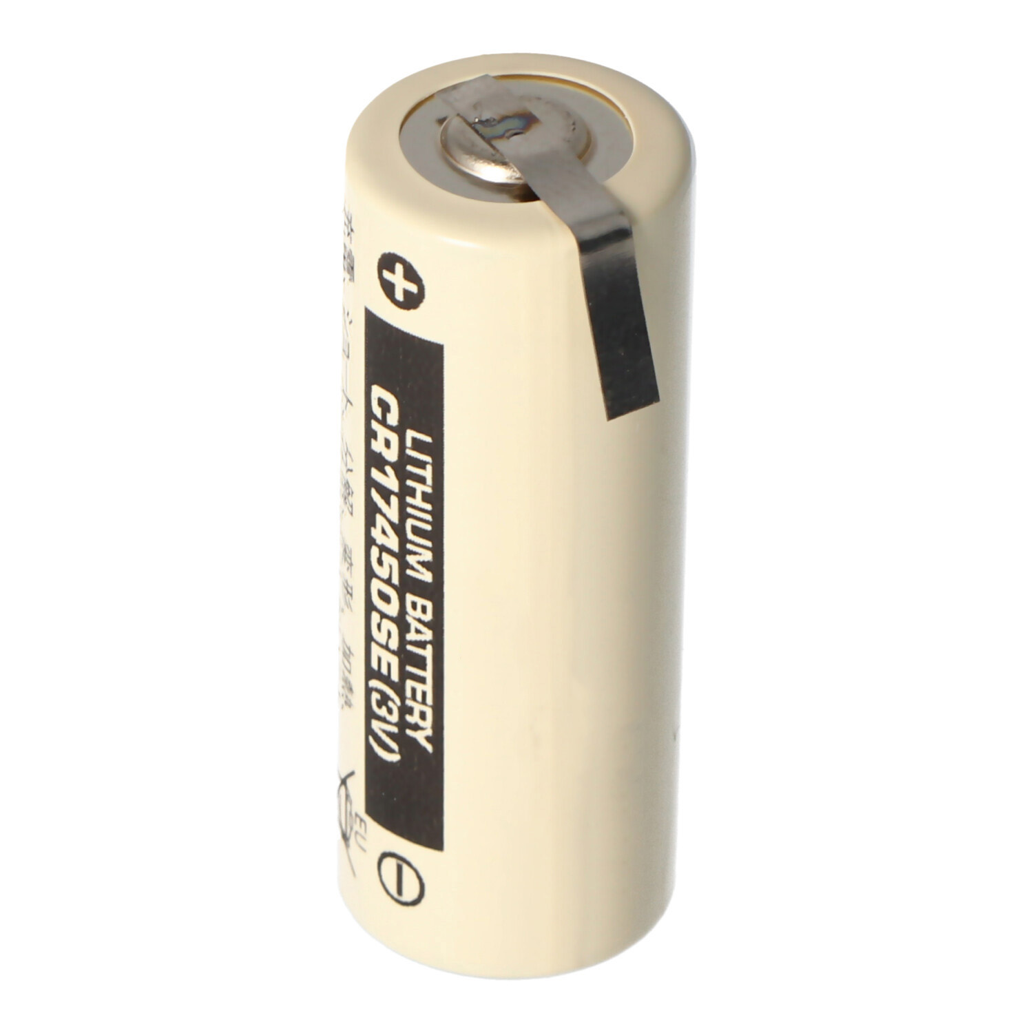 Lithium-Batterie, cremefarben, mit Metalllasche oben. Text: Lithium-Batterie CR17450SE (3V).
