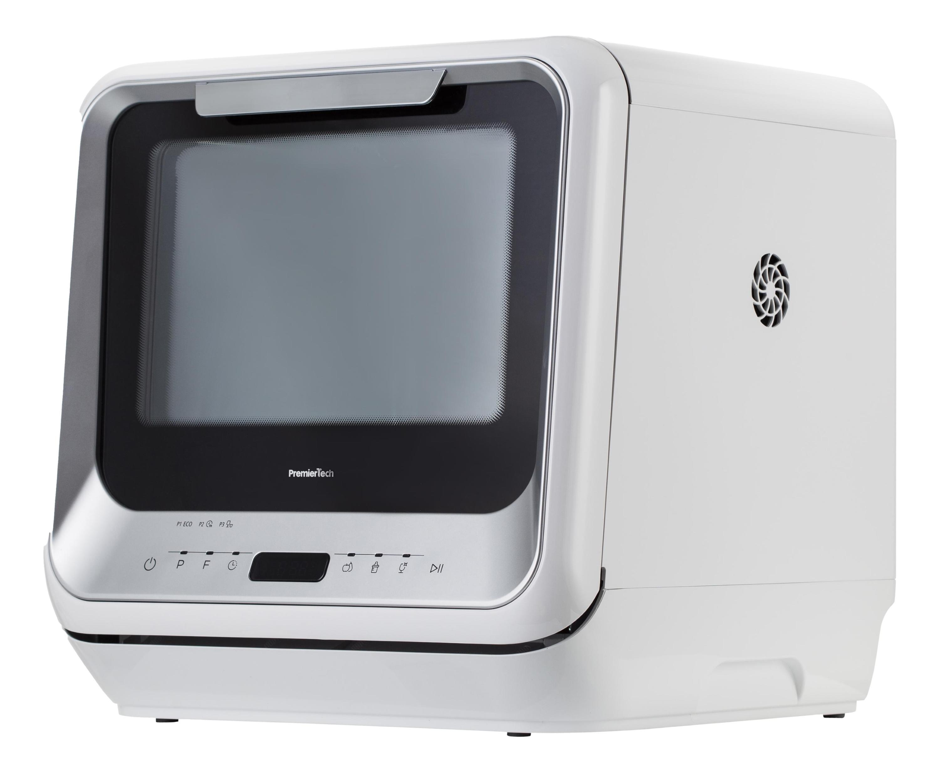 Un forno a microonde PremierTech bianco con una porta in vetro nera.