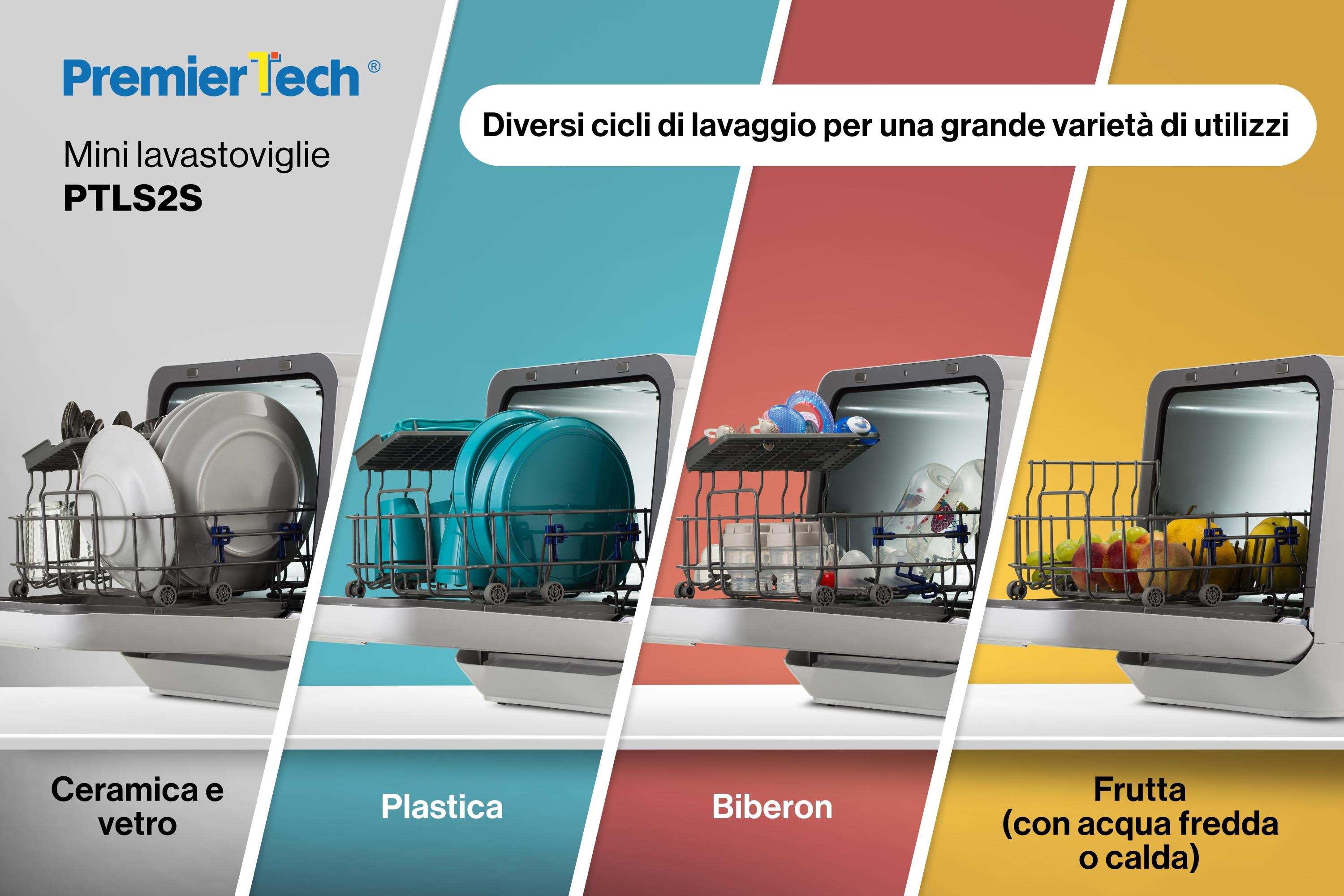 Mini lavastoviglie con cicli: vetro/ceramica, plastica, biberon e frutta. Sfondo con dettagli del prodotto.