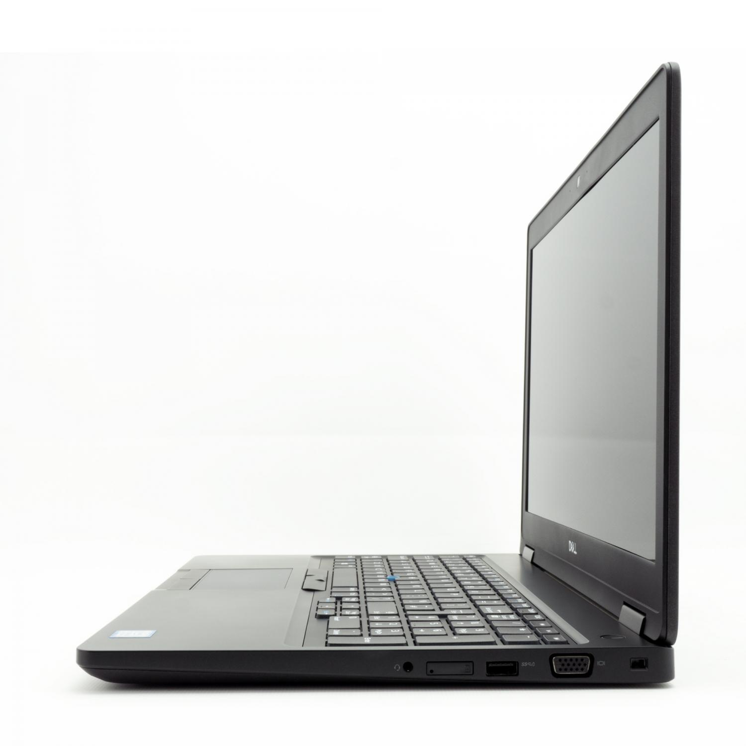 Schwarzer Dell Laptop im Profil, mit Tastatur und Bildschirm, Dell Logo sichtbar.