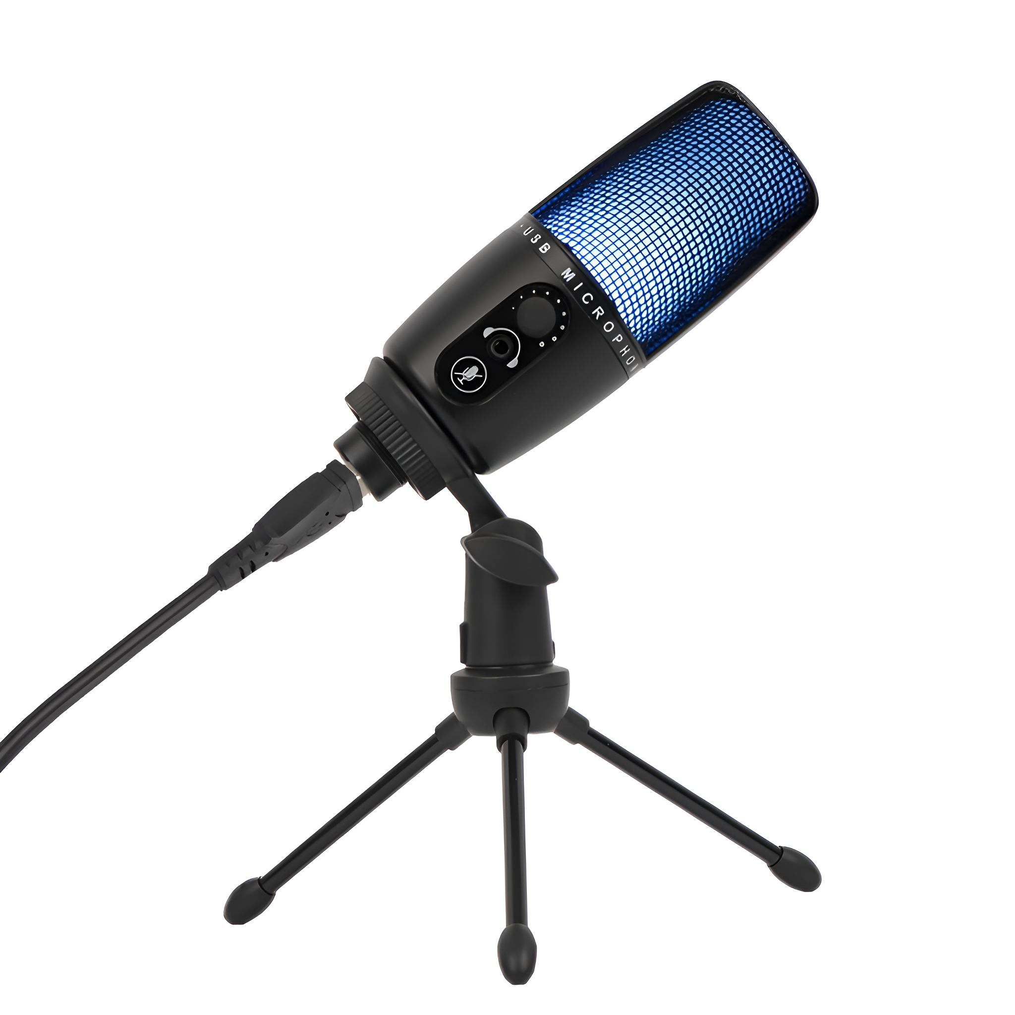 Ein schwarzes USB-Mikrofon auf einem schwarzen Stativ. Es hat einen blau beleuchteten Grill.