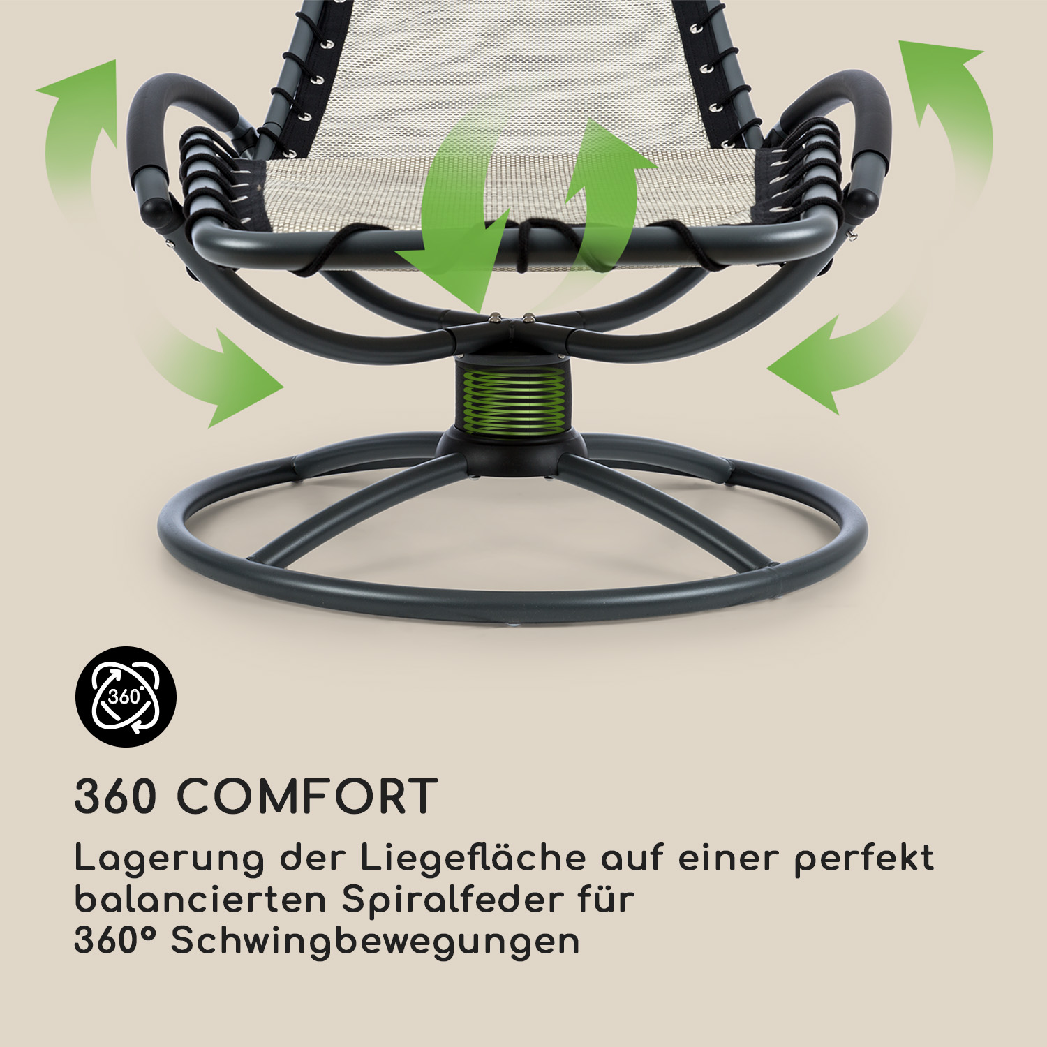 Ein schwarzer Schaukelstuhl mit Netzrücken, grünen Pfeilen und Text über 360-Grad-Komfort.
