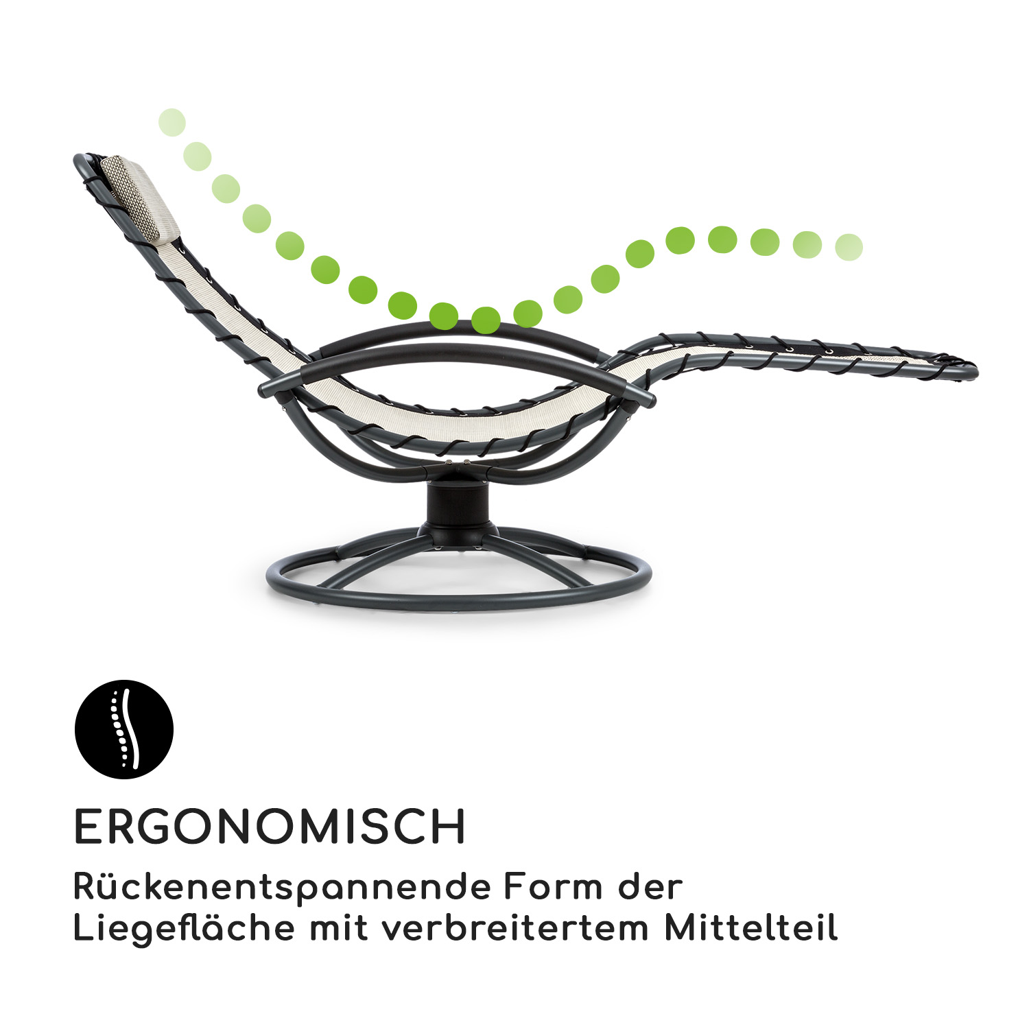 Ein ergonomischer Outdoor-Stuhl mit schwarzem Rahmen und beigefarbener Netzbespannung auf weißem Hintergrund.