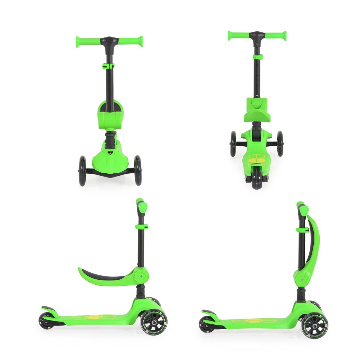 Grüner Roller, mehrere Ansichten: vorne, hinten, seitlich und gefaltet. Weißer Hintergrund.