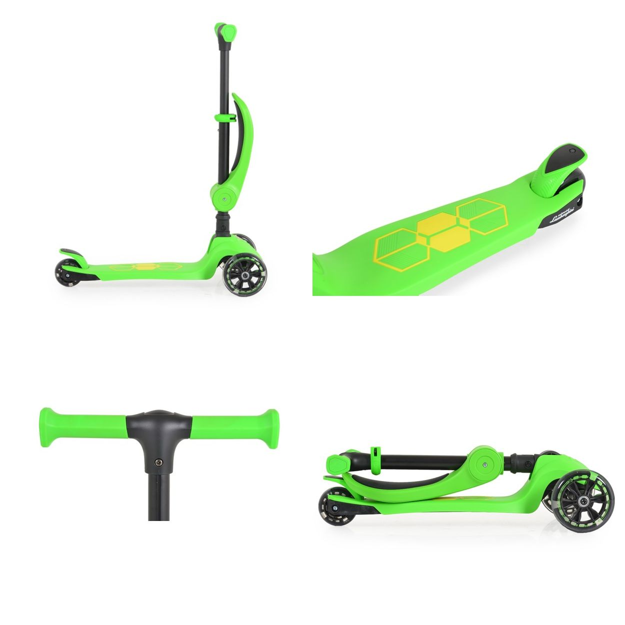 Ein grüner Roller wird in vier Ansichten gezeigt, die seine Funktionen und das faltbare Design auf weißem Hintergrund zeigen.