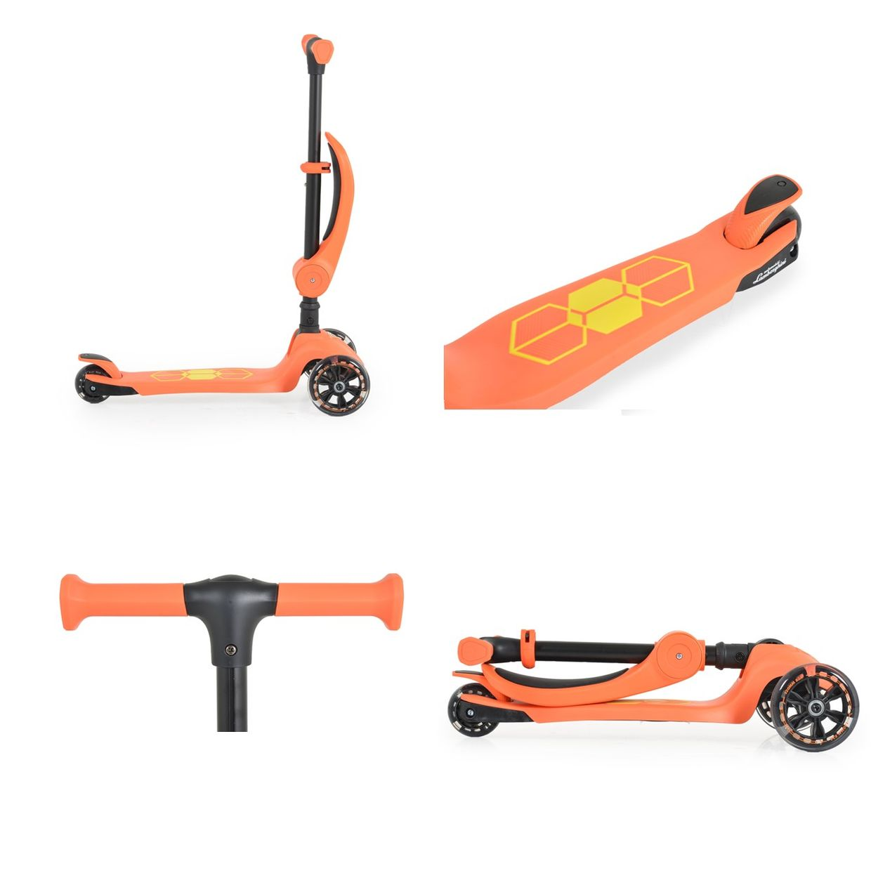 Ein orangefarbener Roller wird in vier Ansichten gezeigt, die seine Funktionen und das faltbare Design auf weißem Hintergrund zeigen.