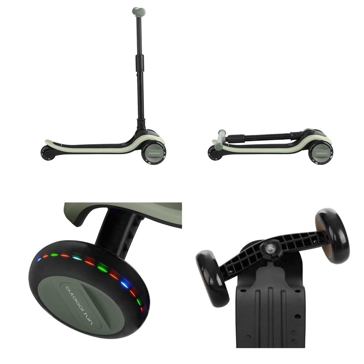Ein Roller in verschiedenen Ansichten: gefaltet, aufrecht, Raddetails und Faltmechanismus.