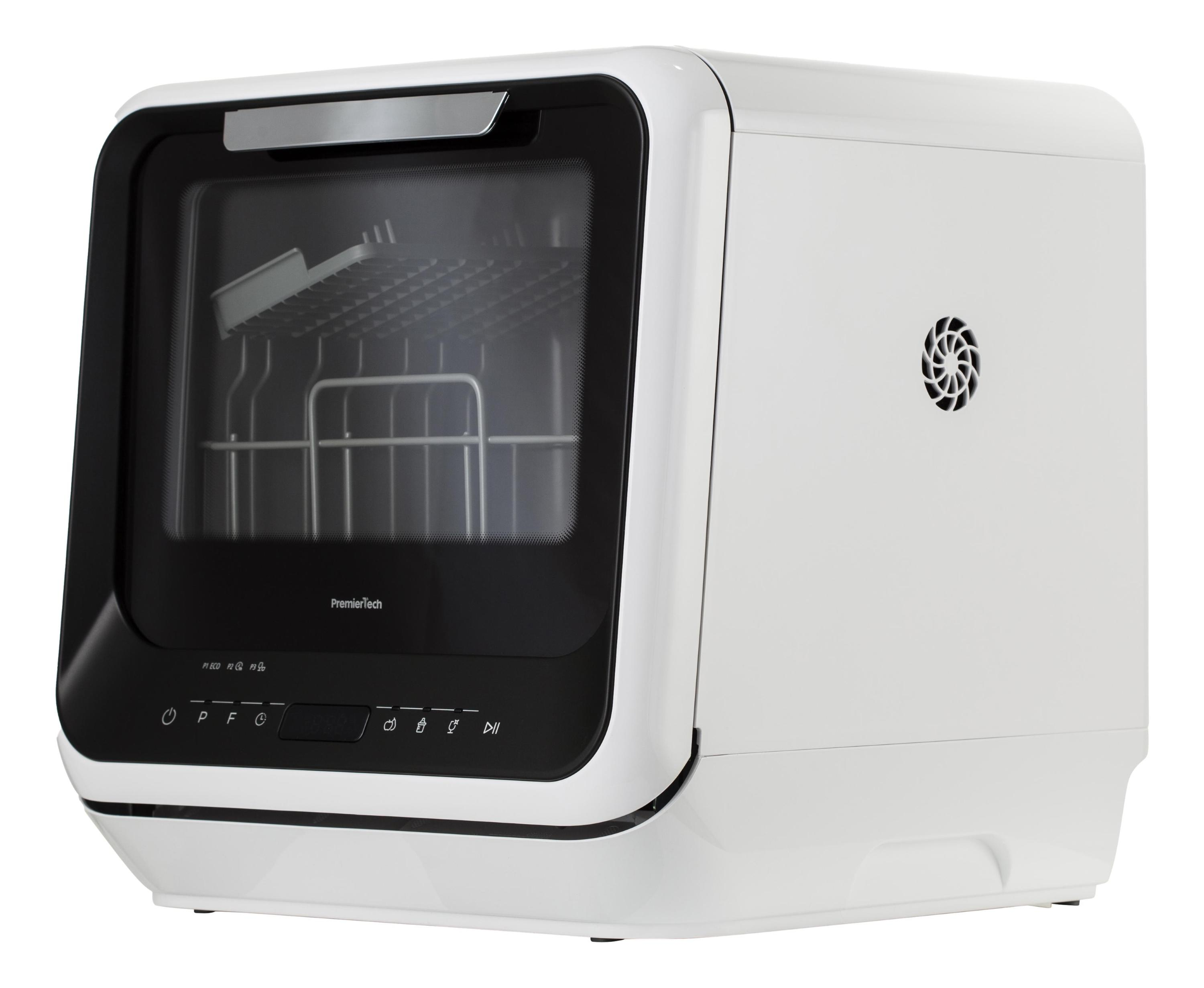 Mini lavastoviglie PremierTech bianca, vista laterale con pannello di controllo e display visibili.