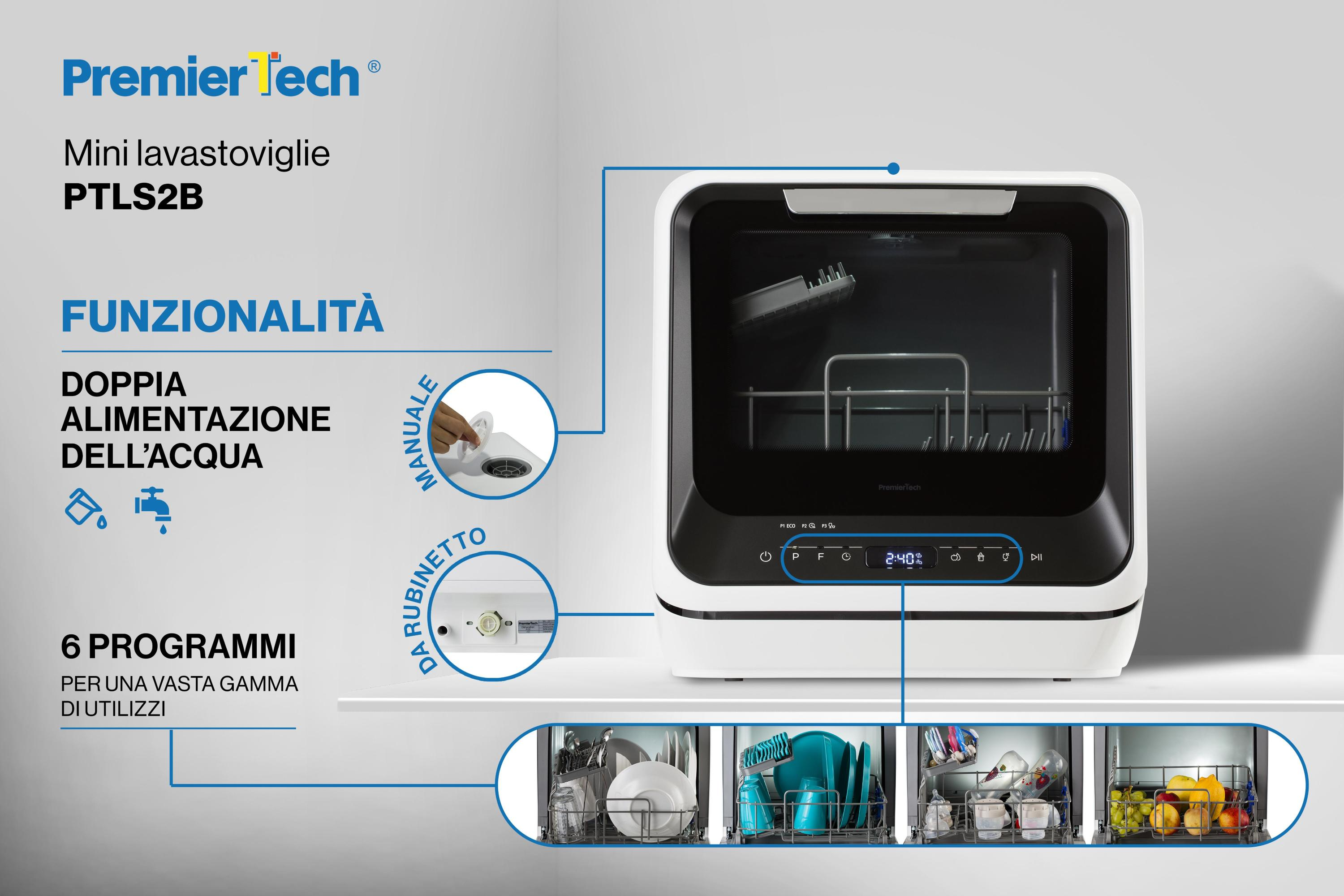 Una mini lavastoviglie bianca con caratteristiche evidenziate, che mostra un display e opzioni di alimentazione idrica.