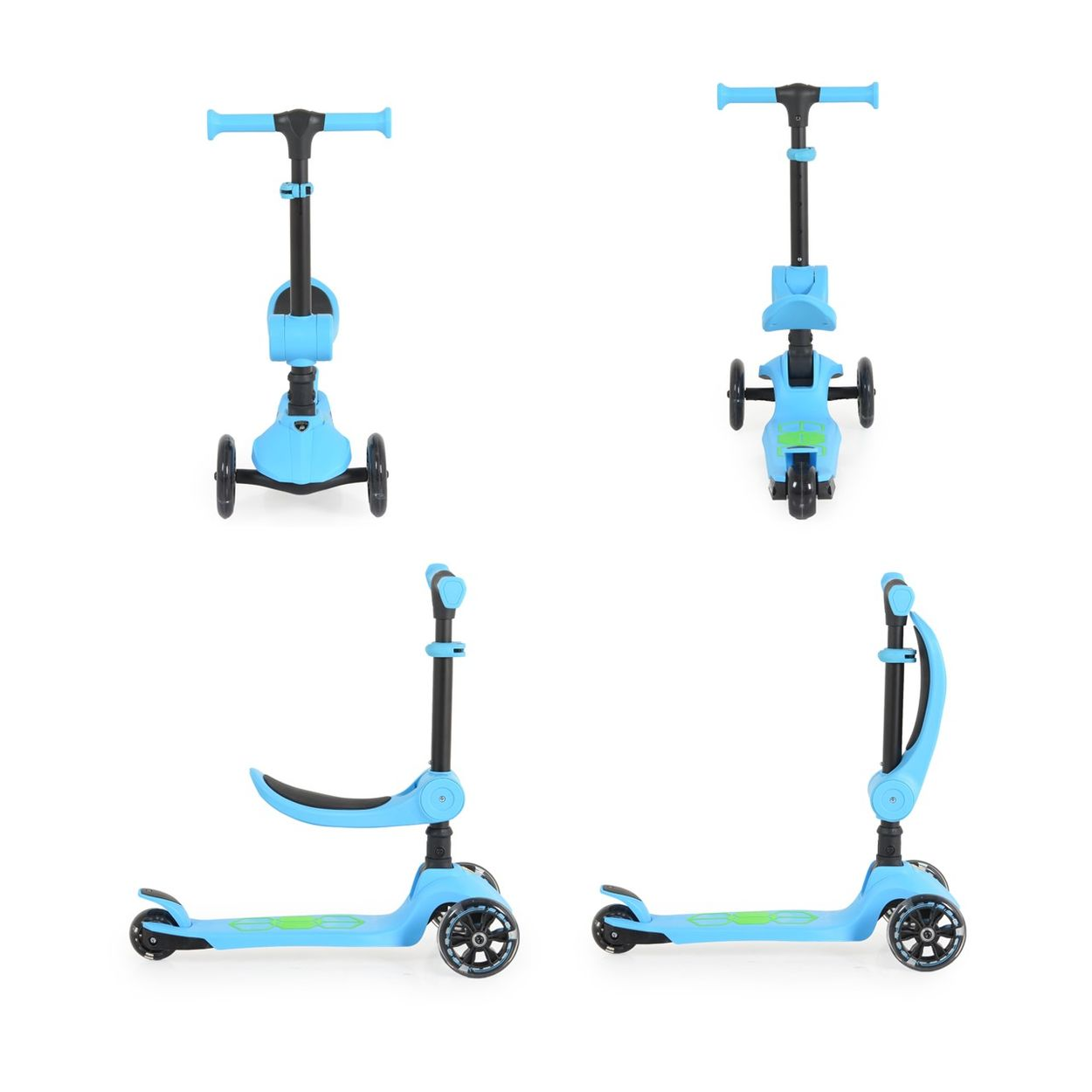 Ein blauer Roller wird in vier Ansichten gezeigt, die seine Funktionen und sein Design auf weißem Hintergrund zeigen.