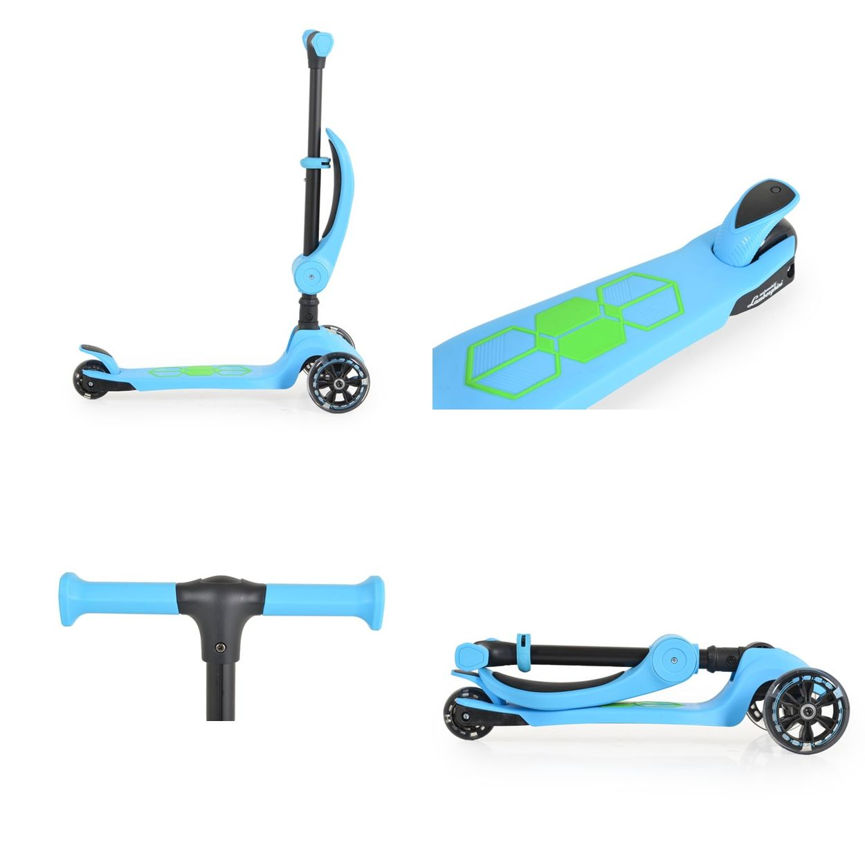 Ein blauer Roller wird in vier Ansichten gezeigt, wobei seine Funktionen und sein Design vor einem weißen Hintergrund präsentiert werden.