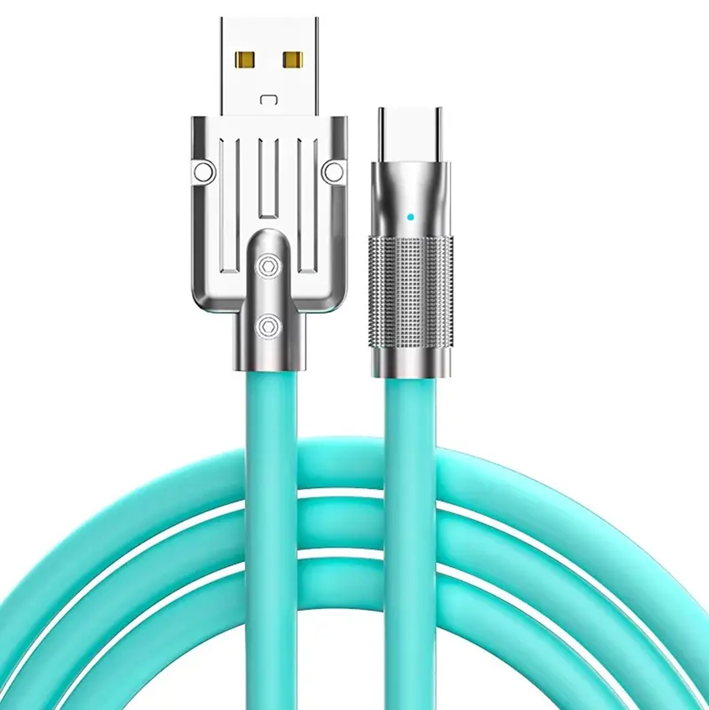 Cavo di ricarica da USB-A a USB-C, blu, con connettori metallici.