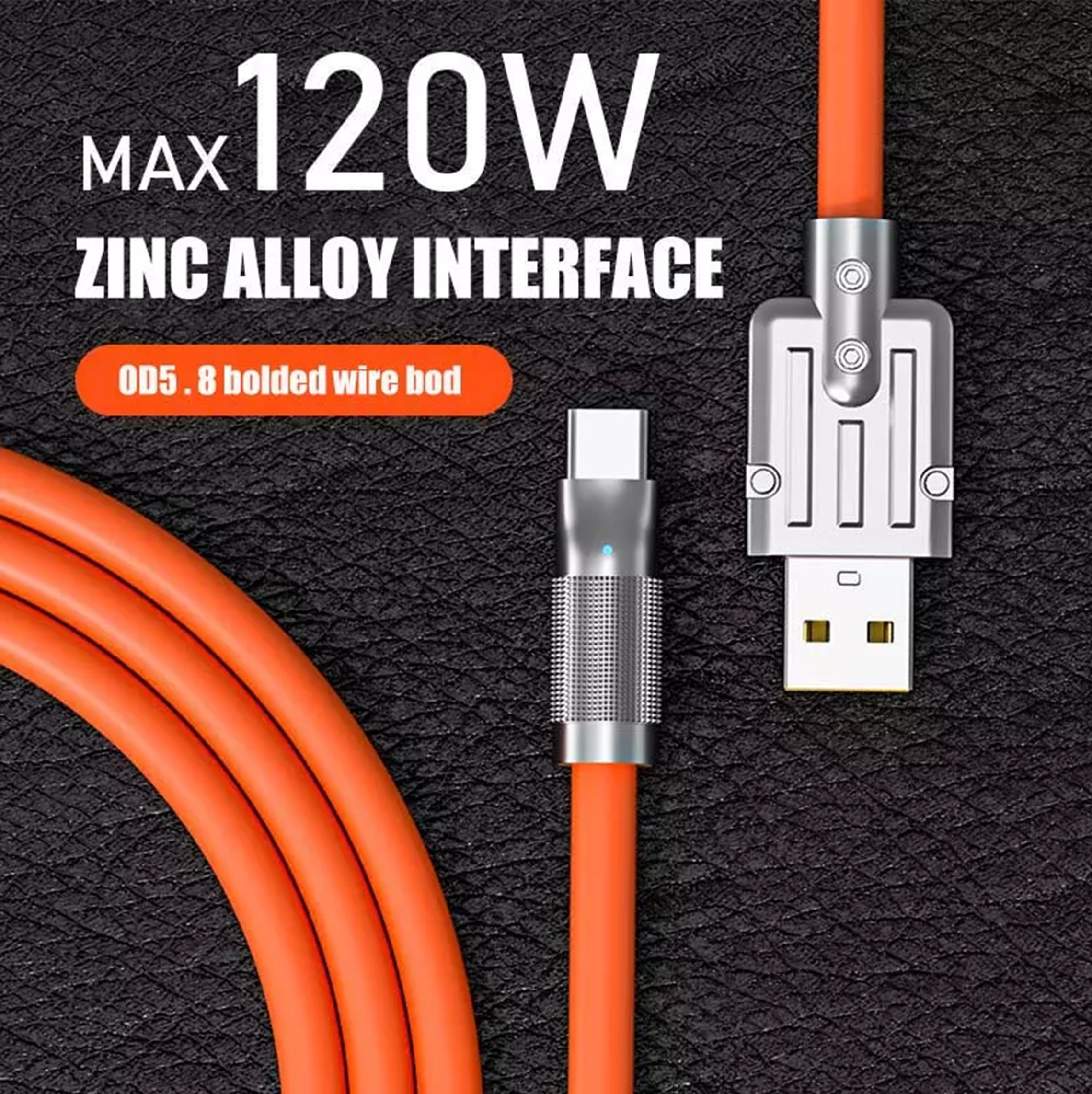Cavo di ricarica arancione con connettori USB e USB-C. Testo: Max 120W, Interfaccia in lega di zinco.