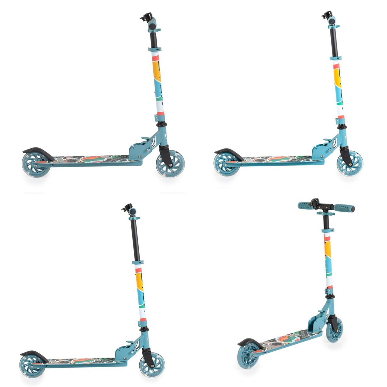 Vier blaue Roller in verschiedenen Positionen. Jeder Roller hat ein farbenfrohes Design auf dem Brett.