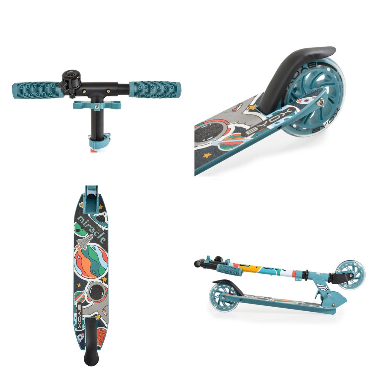 Blauer und weißer Roller mit Aufklebern. Vier verschiedene Ansichten. Weißer Hintergrund.