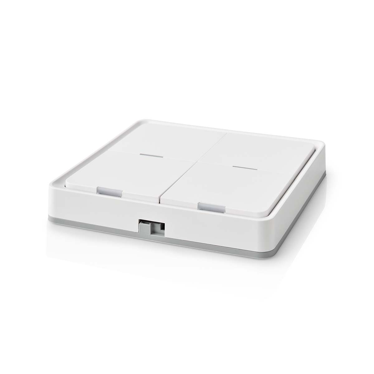 Een wit, rechthoekig smart home-apparaat met vier gesegmenteerde vierkante knoppen.