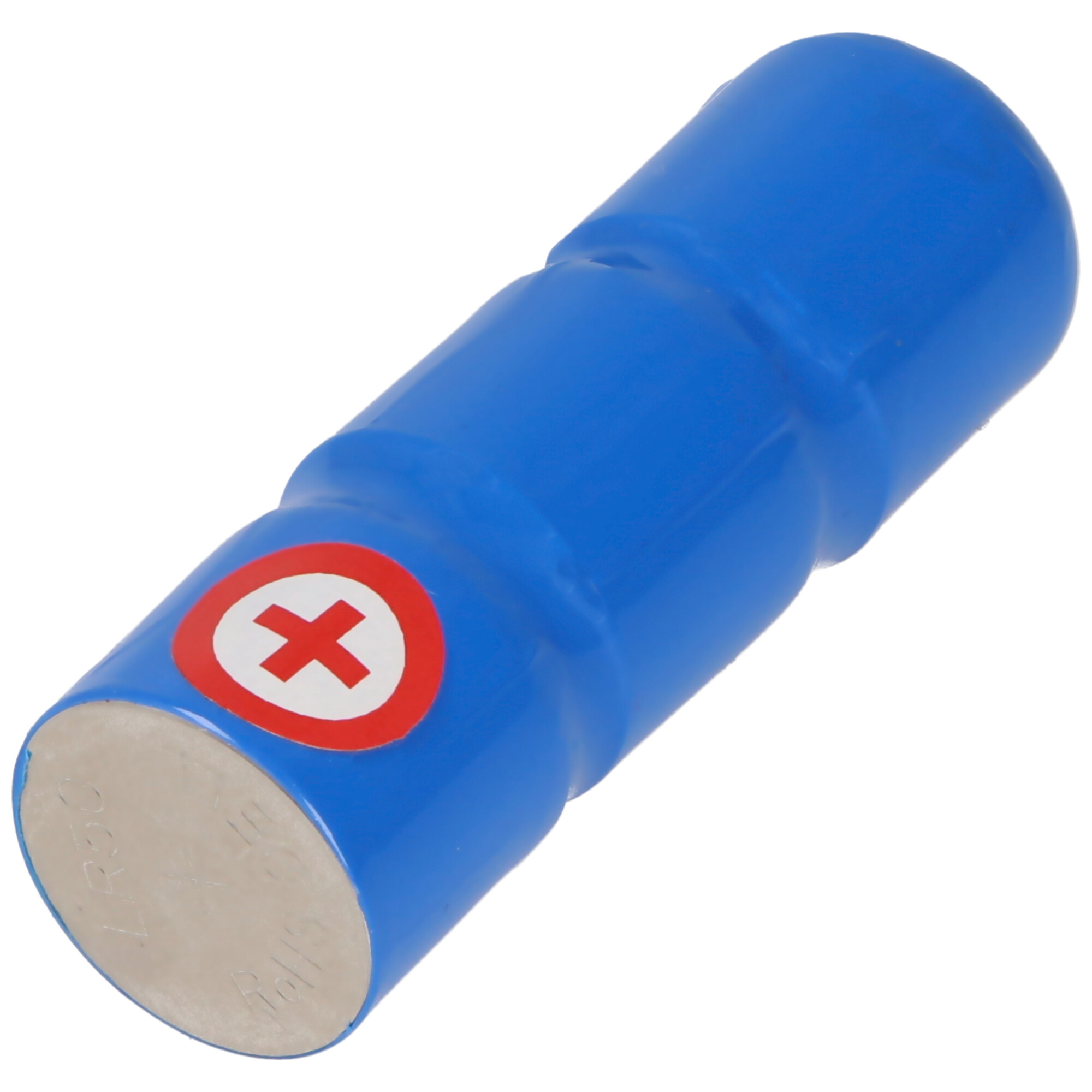 Een blauwe batterij met een rood-wit symbool bovenop en een zilveren bodem.
